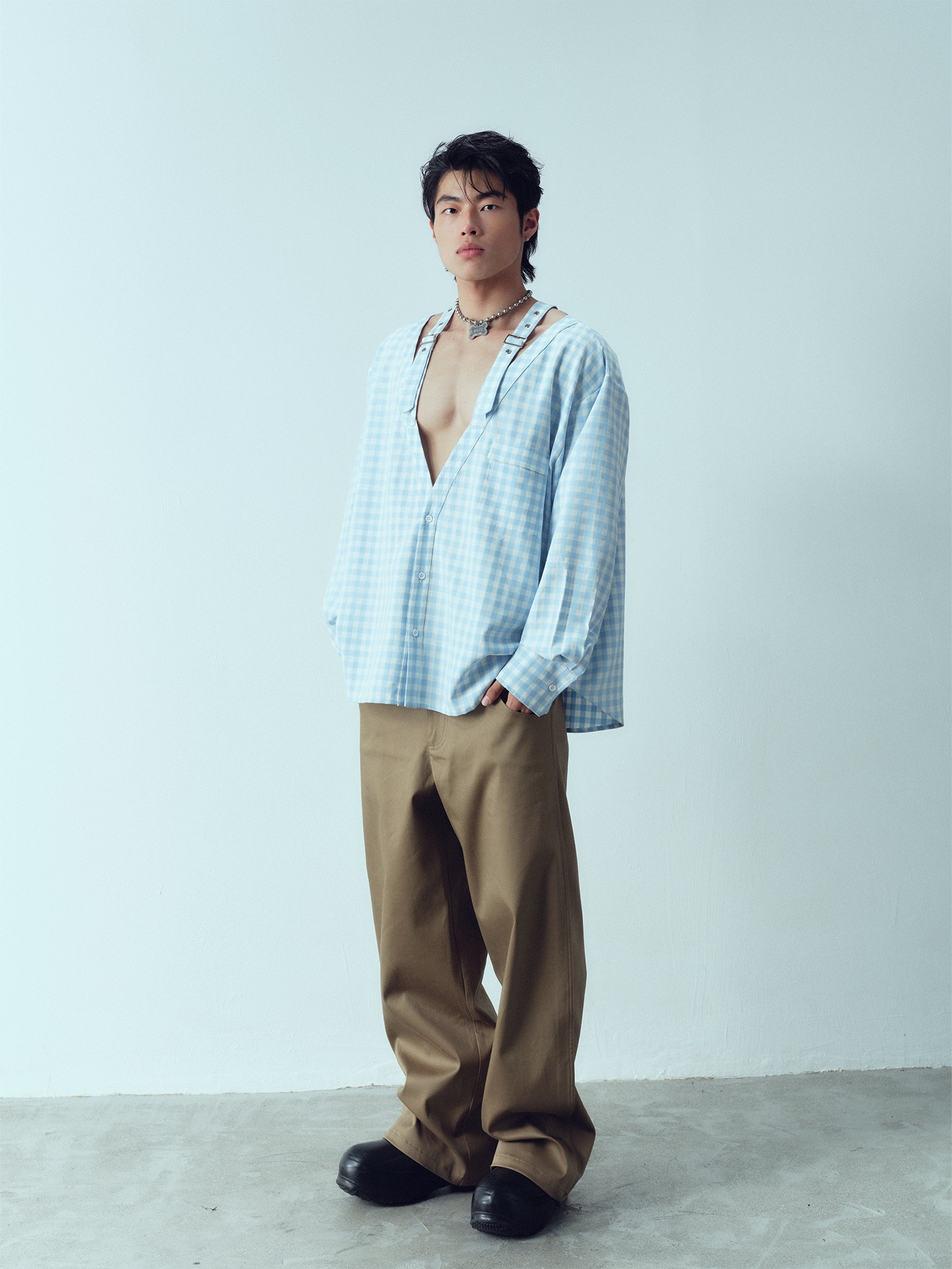 KADAKADA Gingham V-Neck Tie-Strap Oversized Shirt-Shirt-M (Preorder)-Free Shipping Leatheretro