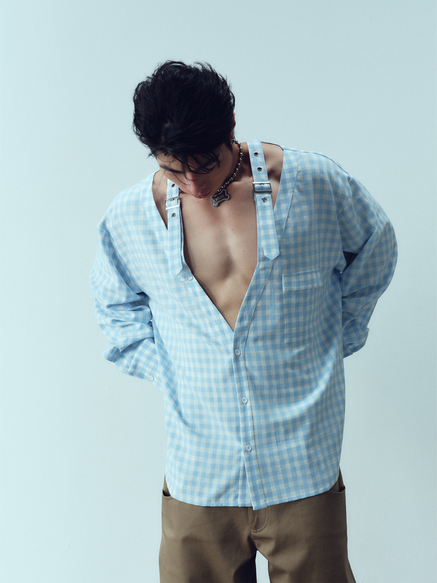 KADAKADA Gingham V-Neck Tie-Strap Oversized Shirt-Shirt-M (Preorder)-Free Shipping Leatheretro