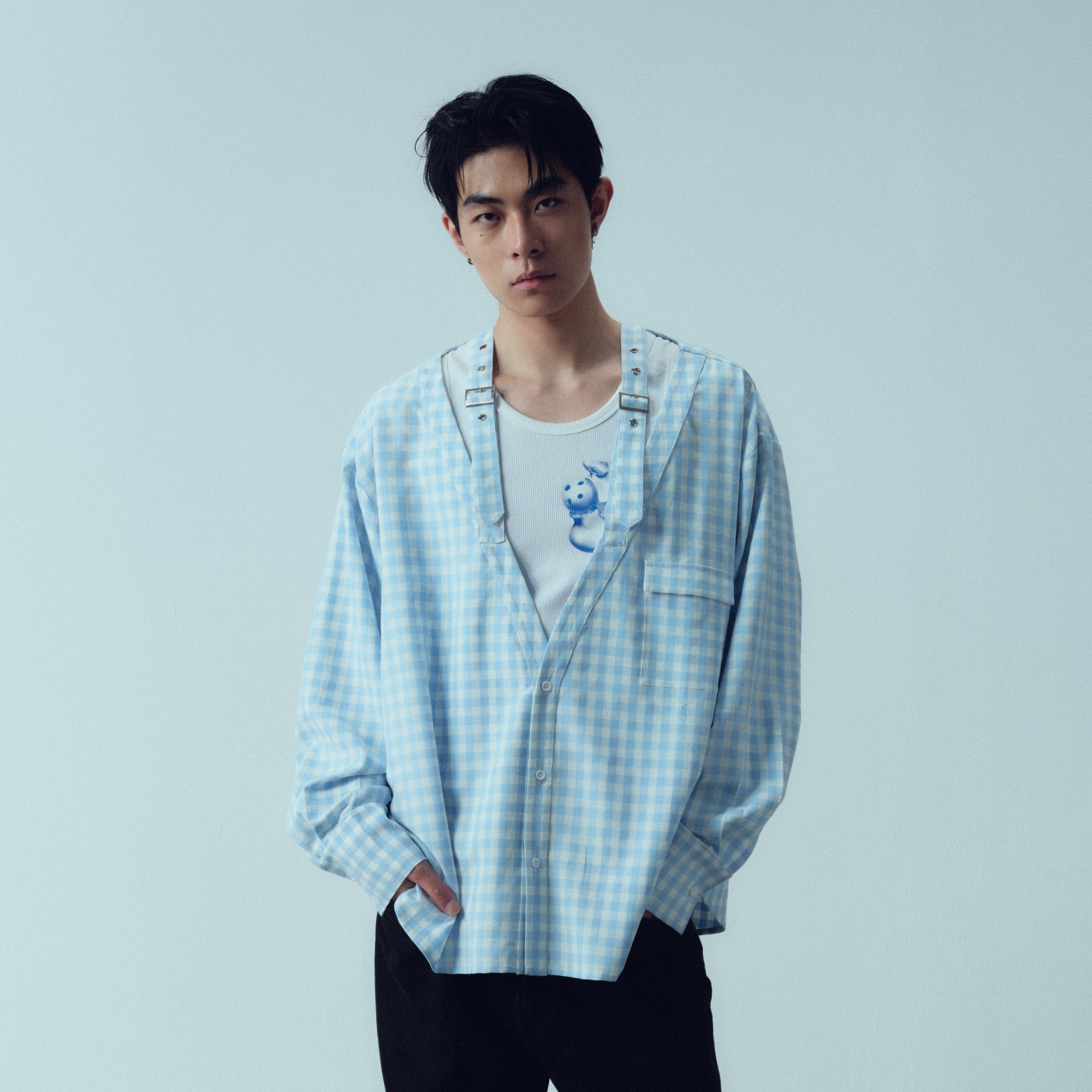 KADAKADA Gingham V-Neck Tie-Strap Oversized Shirt-Shirt-M (Preorder)-Free Shipping Leatheretro