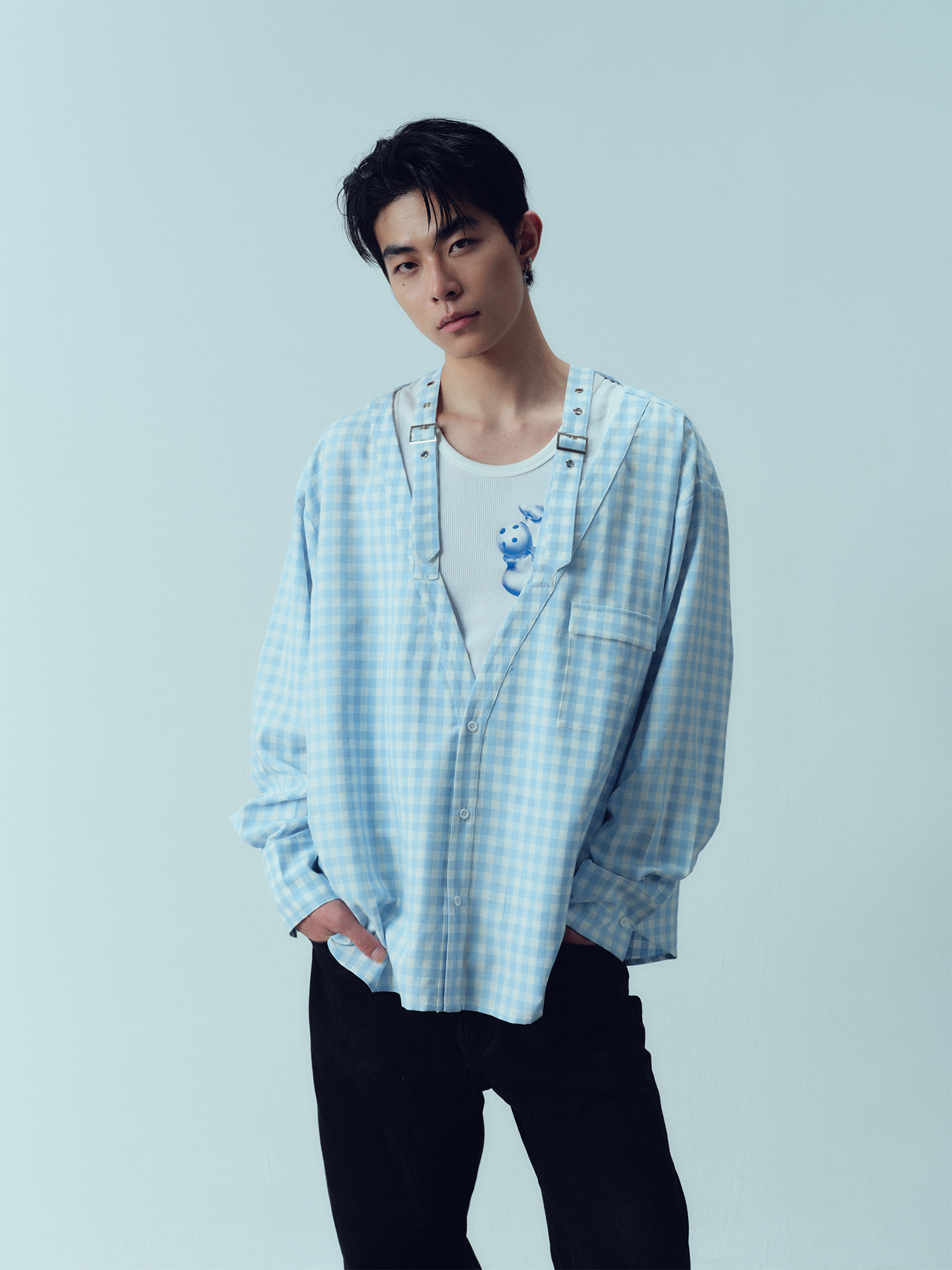 KADAKADA Gingham V-Neck Tie-Strap Oversized Shirt-Shirt-M (Preorder)-Free Shipping Leatheretro