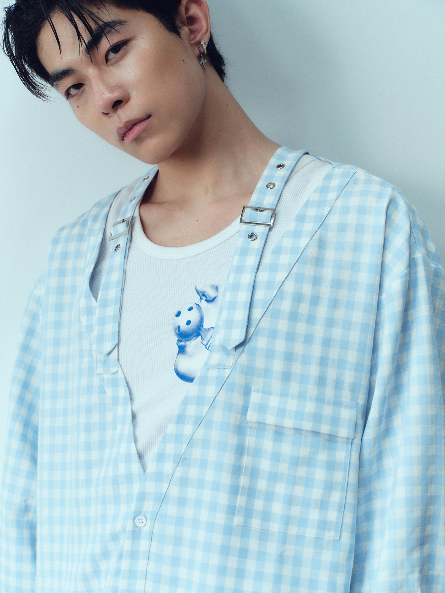 KADAKADA Gingham V-Neck Tie-Strap Oversized Shirt-Shirt-M (Preorder)-Free Shipping Leatheretro