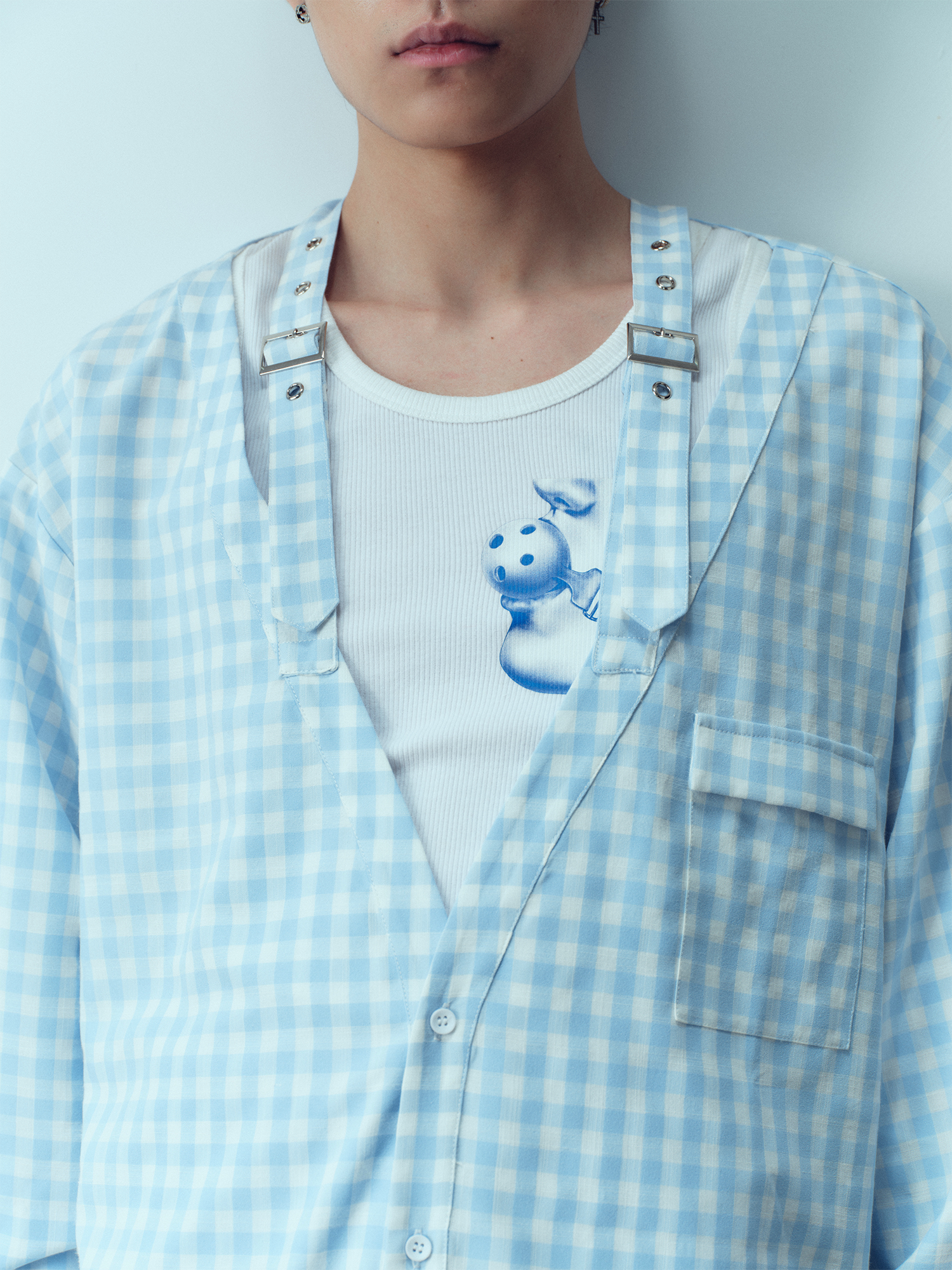 KADAKADA Gingham V-Neck Tie-Strap Oversized Shirt-Shirt-M (Preorder)-Free Shipping Leatheretro
