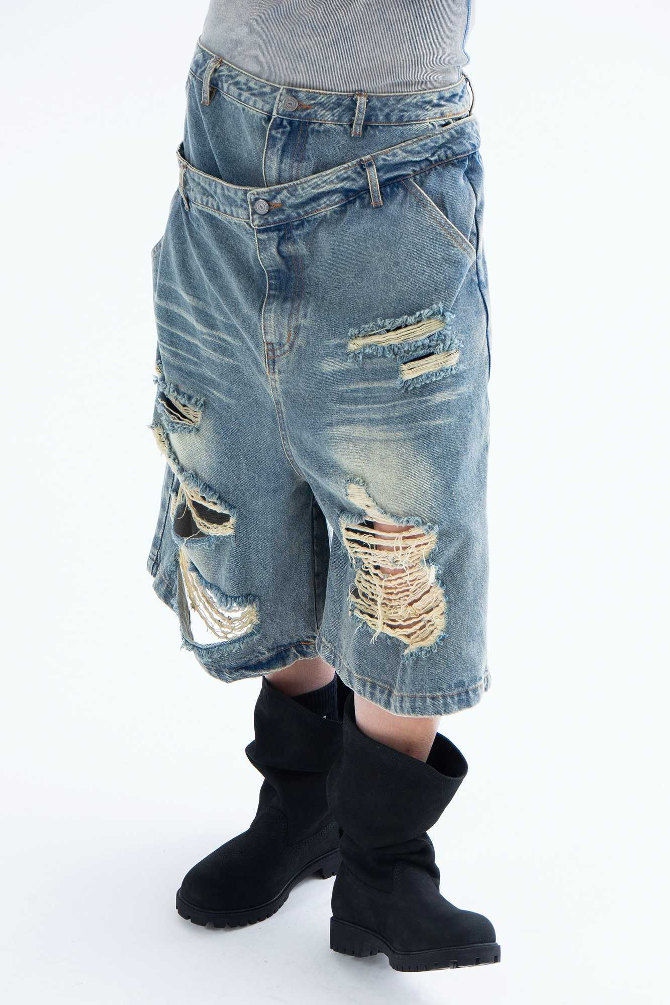 CLP Distressed Double-Waist Denim Shorts-Shorts-M / 31"-Blue-Free Shipping Leatheretro
