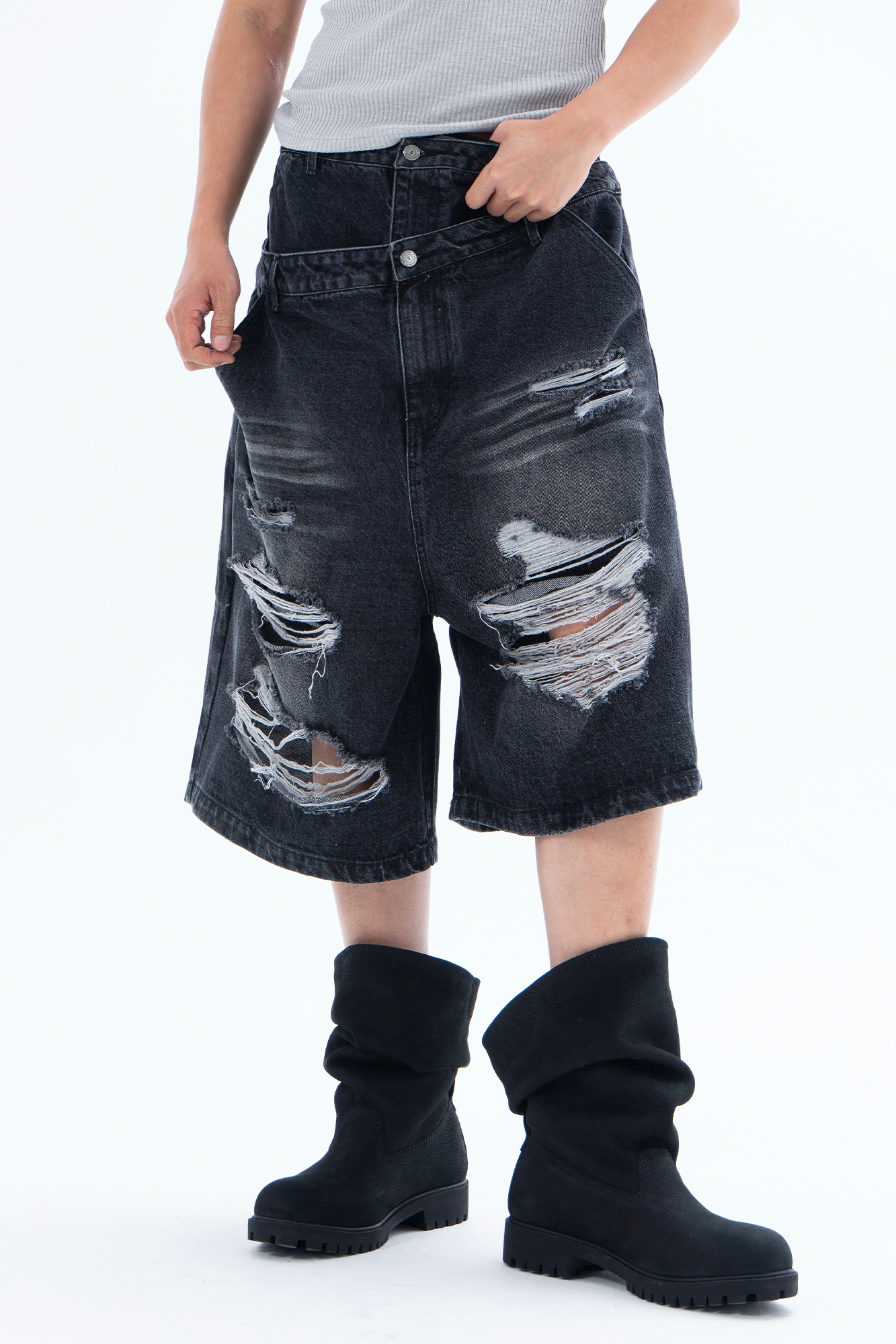 CLP Distressed Double-Waist Denim Shorts-Shorts-M / 31"-Blue-Free Shipping Leatheretro