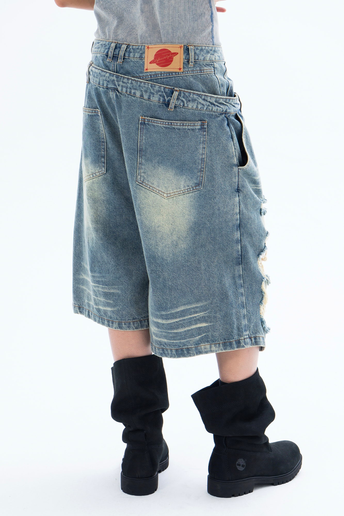 CLP Distressed Double-Waist Denim Shorts-Shorts-M / 31"-Blue-Free Shipping Leatheretro