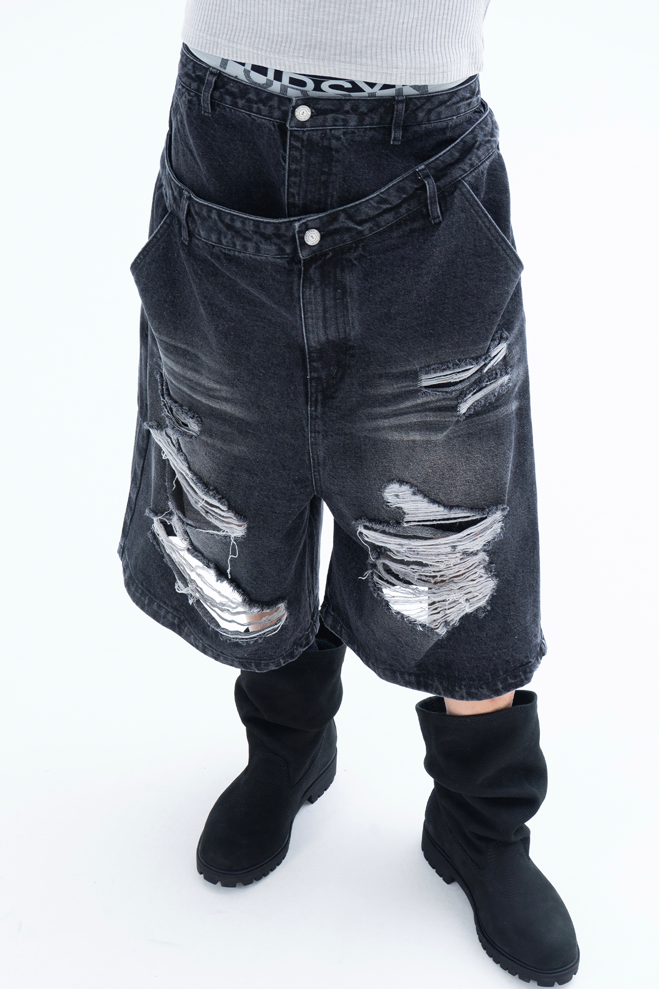 CLP Distressed Double-Waist Denim Shorts-Shorts-M / 31"-Blue-Free Shipping Leatheretro