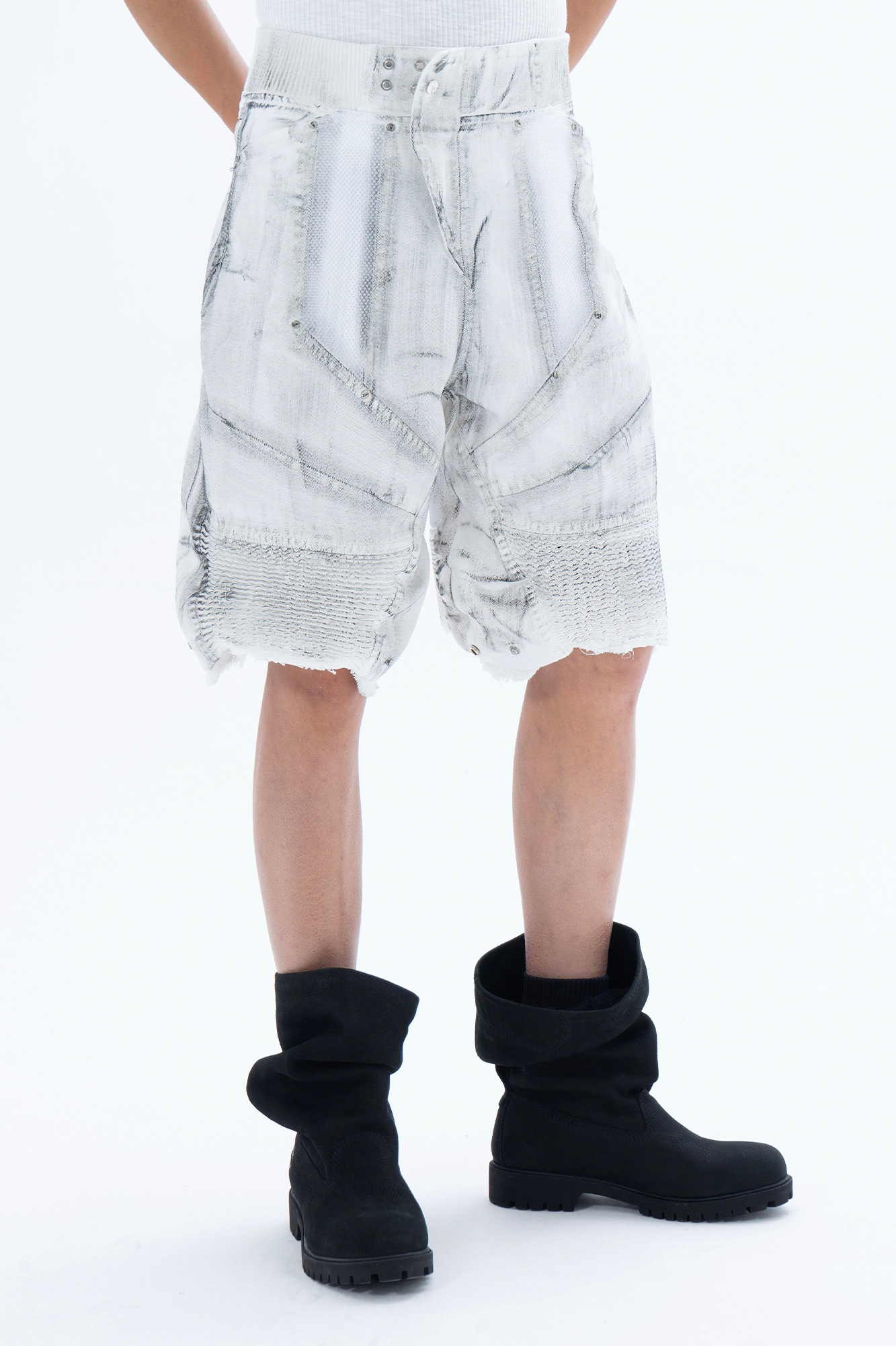 CLP Ribbed Paneled Wide-Leg Denim Shorts-Shorts-M / 27"-Black-Free Shipping Leatheretro