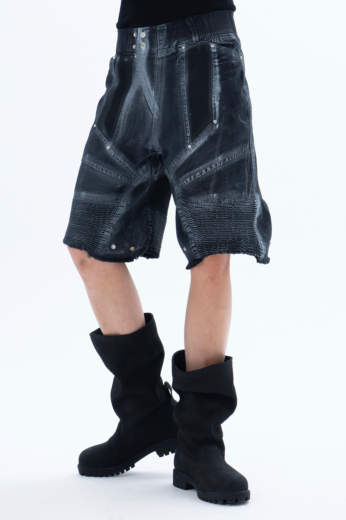 CLP Ribbed Paneled Wide-Leg Denim Shorts-Shorts-M / 27"-Black-Free Shipping Leatheretro