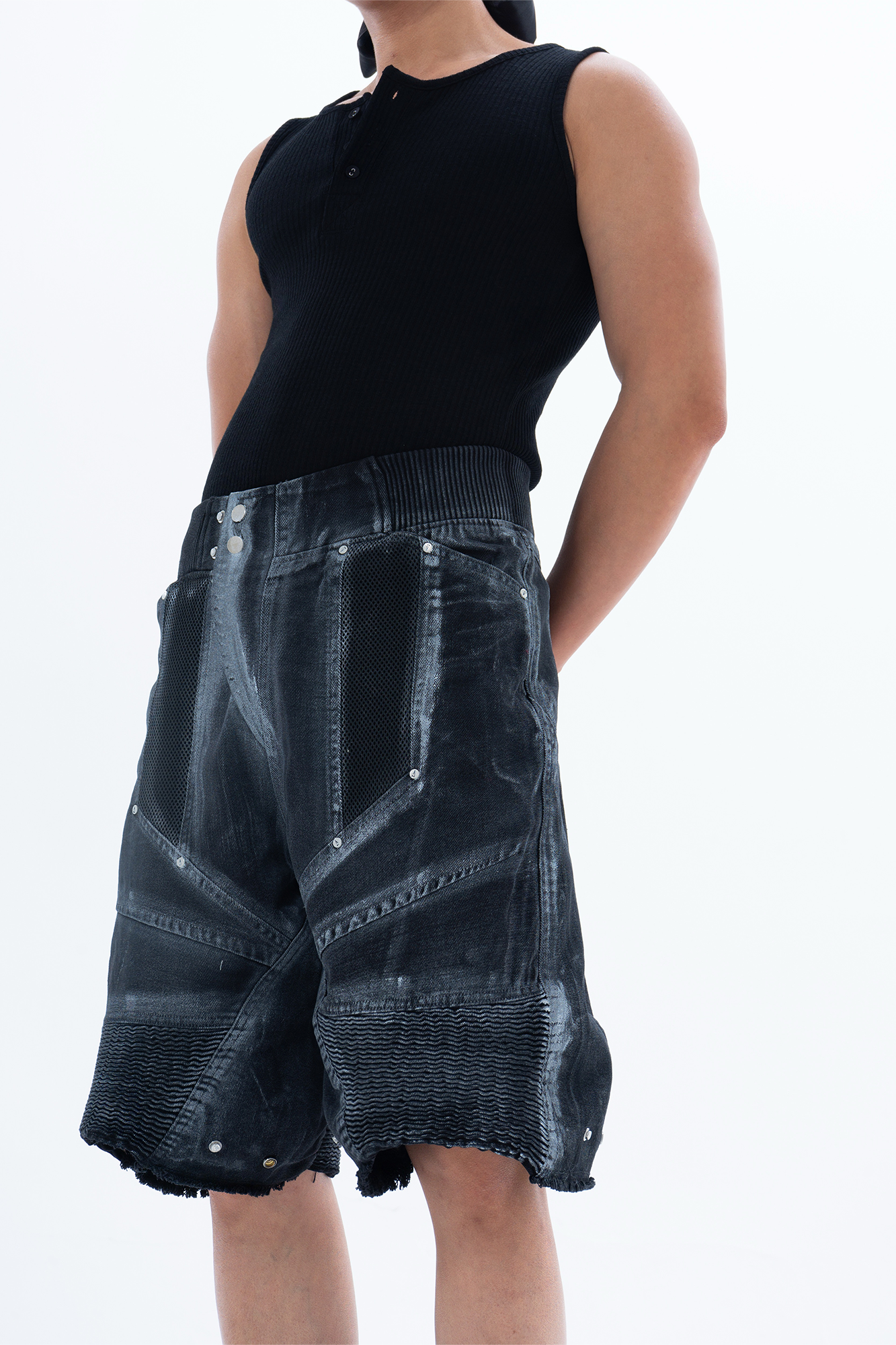 CLP Ribbed Paneled Wide-Leg Denim Shorts-Shorts-M / 27"-Black-Free Shipping Leatheretro