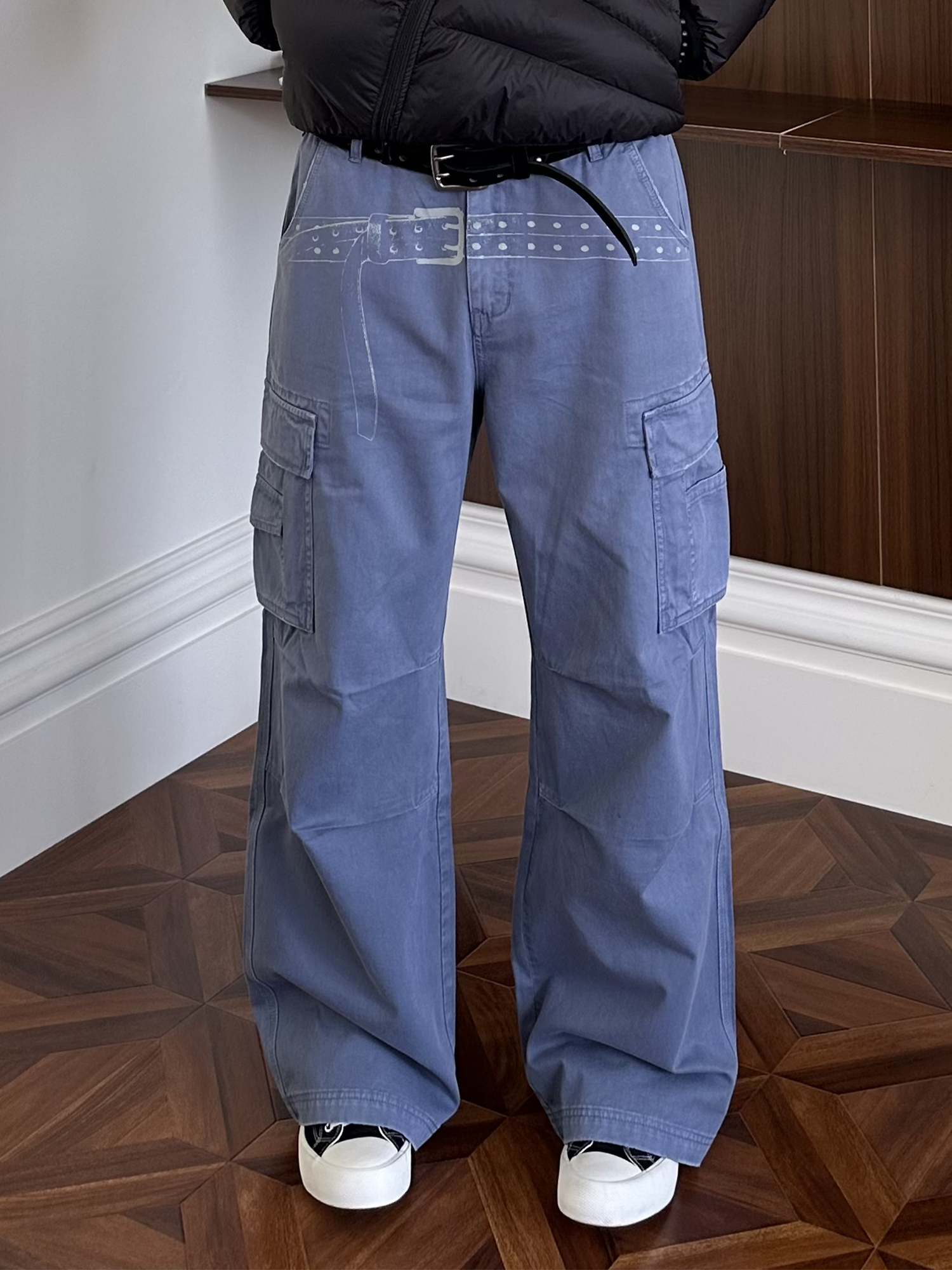 KREATE Washed Belt Graphic Crinkled Cargo Pants-Jeans-S-Blue-Free Shipping Leatheretro