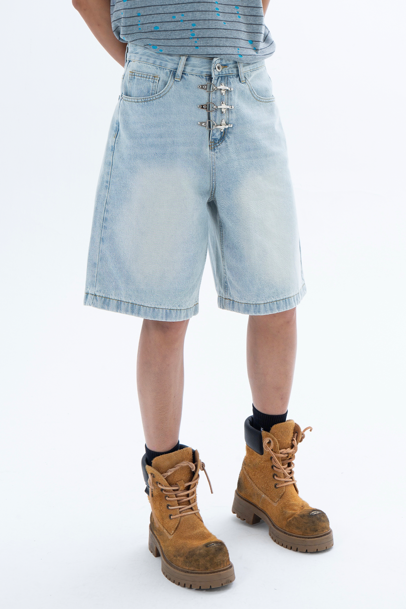 CLP Washed Metal Clasp Denim Shorts-Shorts-S / 28"-Free Shipping Leatheretro