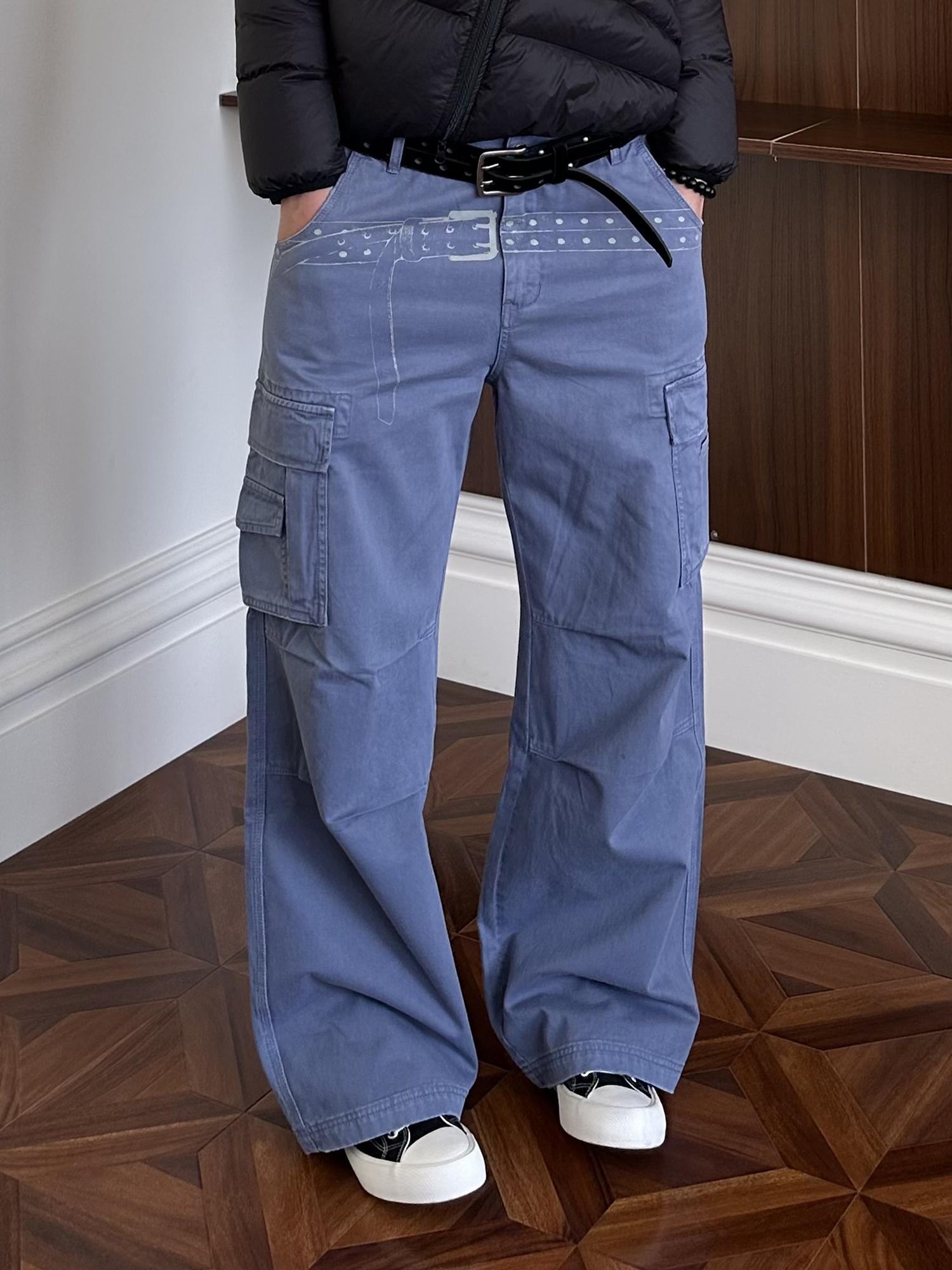 KREATE Washed Belt Graphic Crinkled Cargo Pants-Jeans-S-Blue-Free Shipping Leatheretro