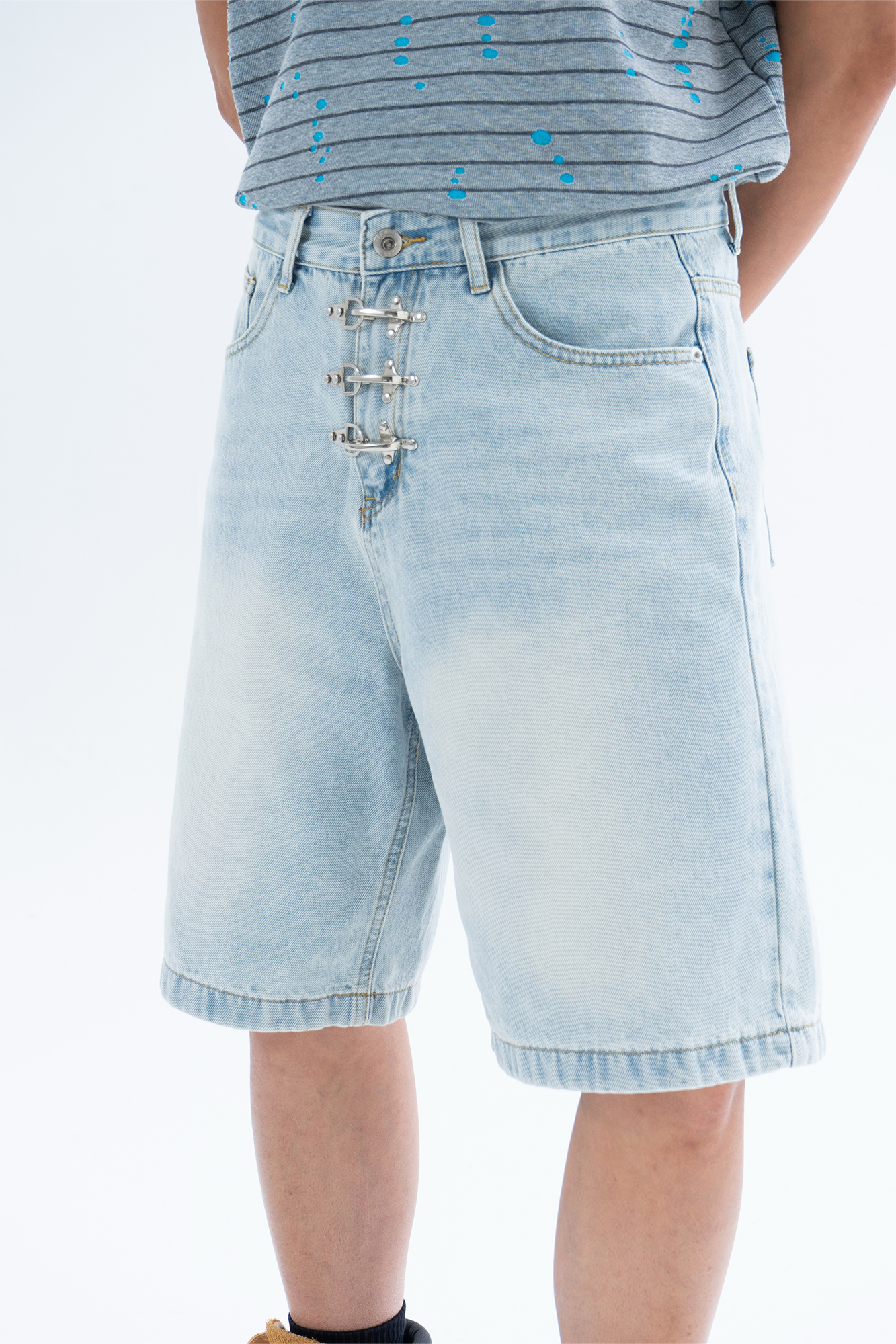 CLP Washed Metal Clasp Denim Shorts-Shorts-S / 28"-Free Shipping Leatheretro