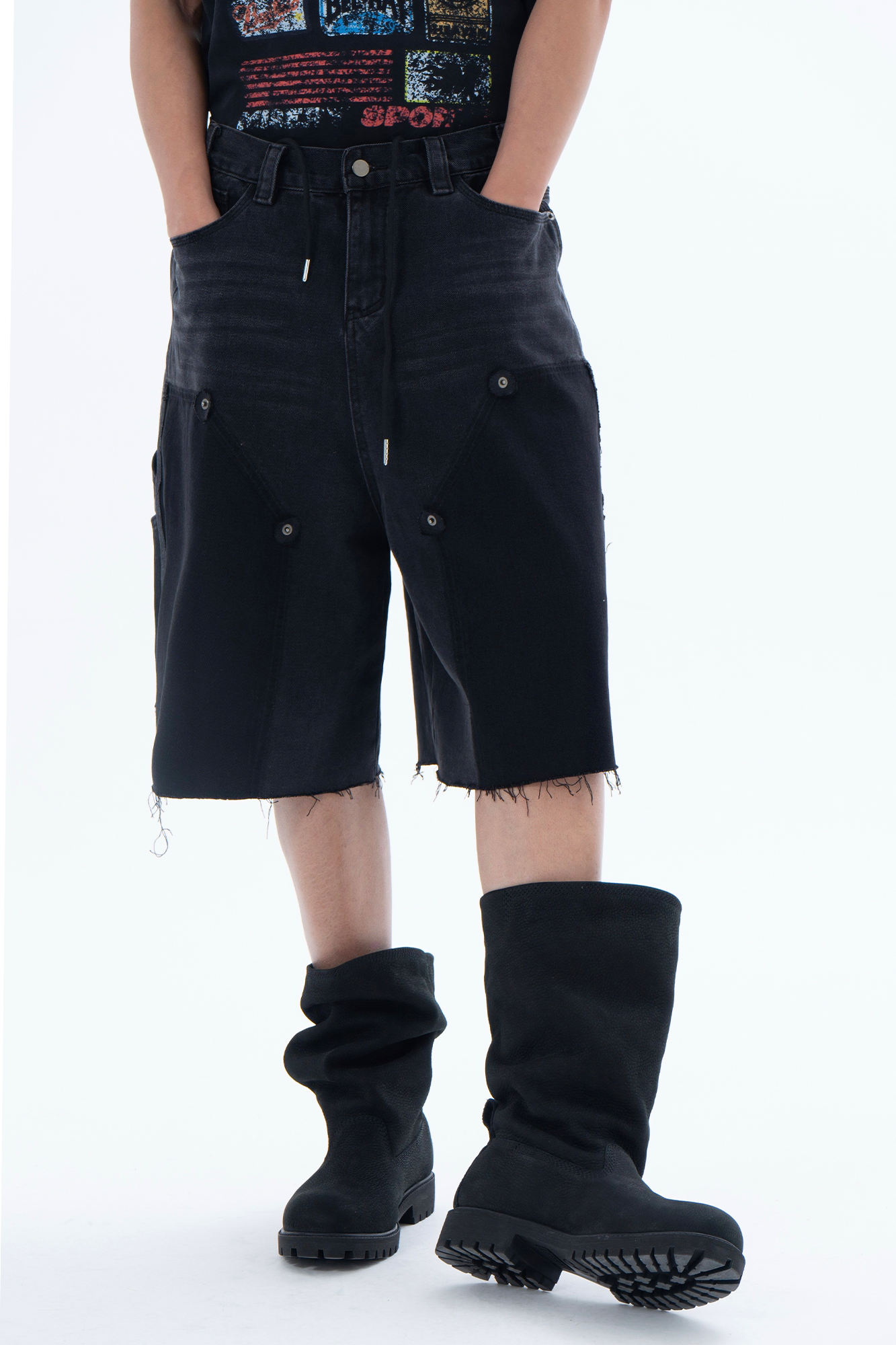 CLP Retro Washed Raw Edge Paneled Shorts-Shorts-M / 34"-Free Shipping Leatheretro