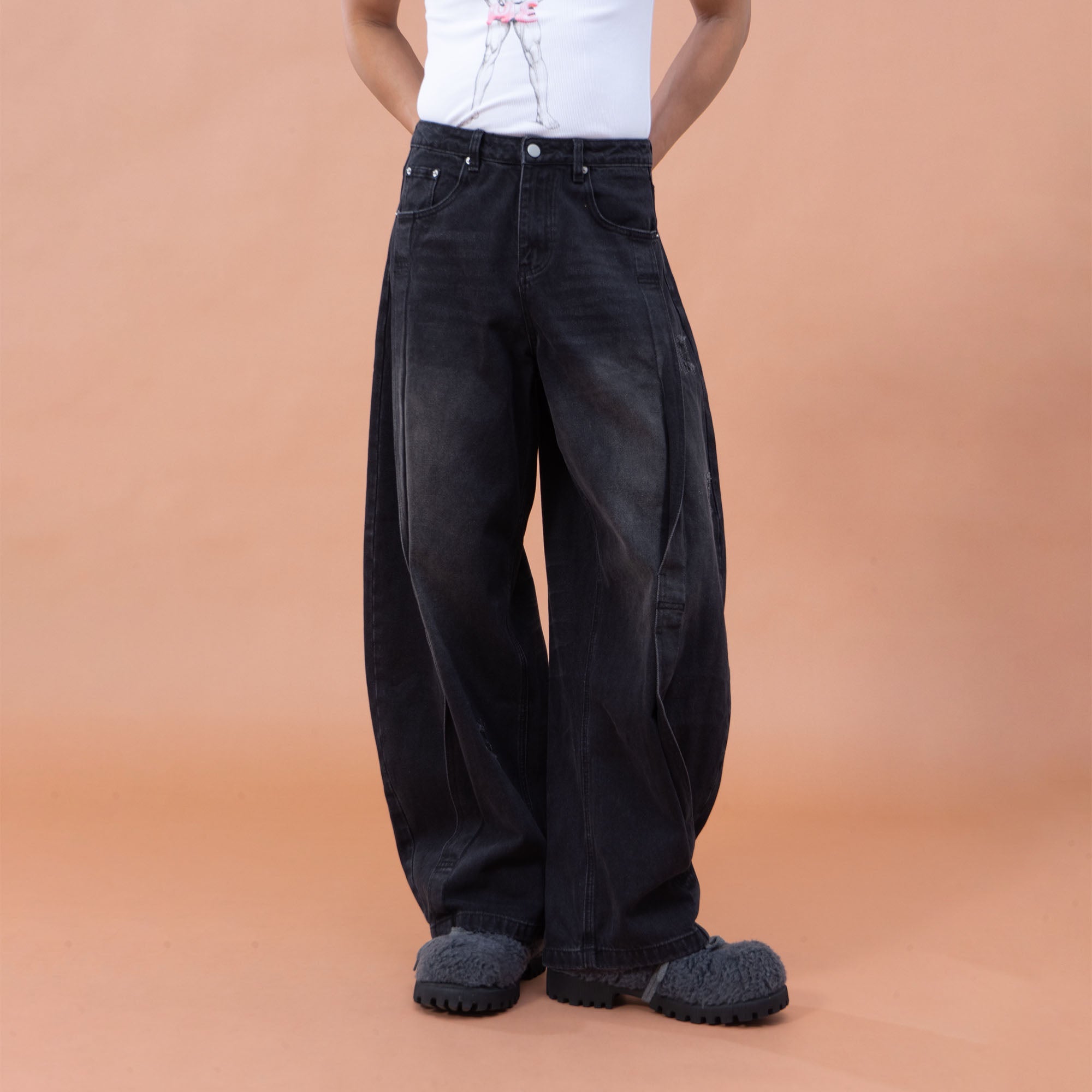 CLP Pleated Knee Wide-Leg Denim Pants-Jeans-M-Black-Free Shipping Leatheretro