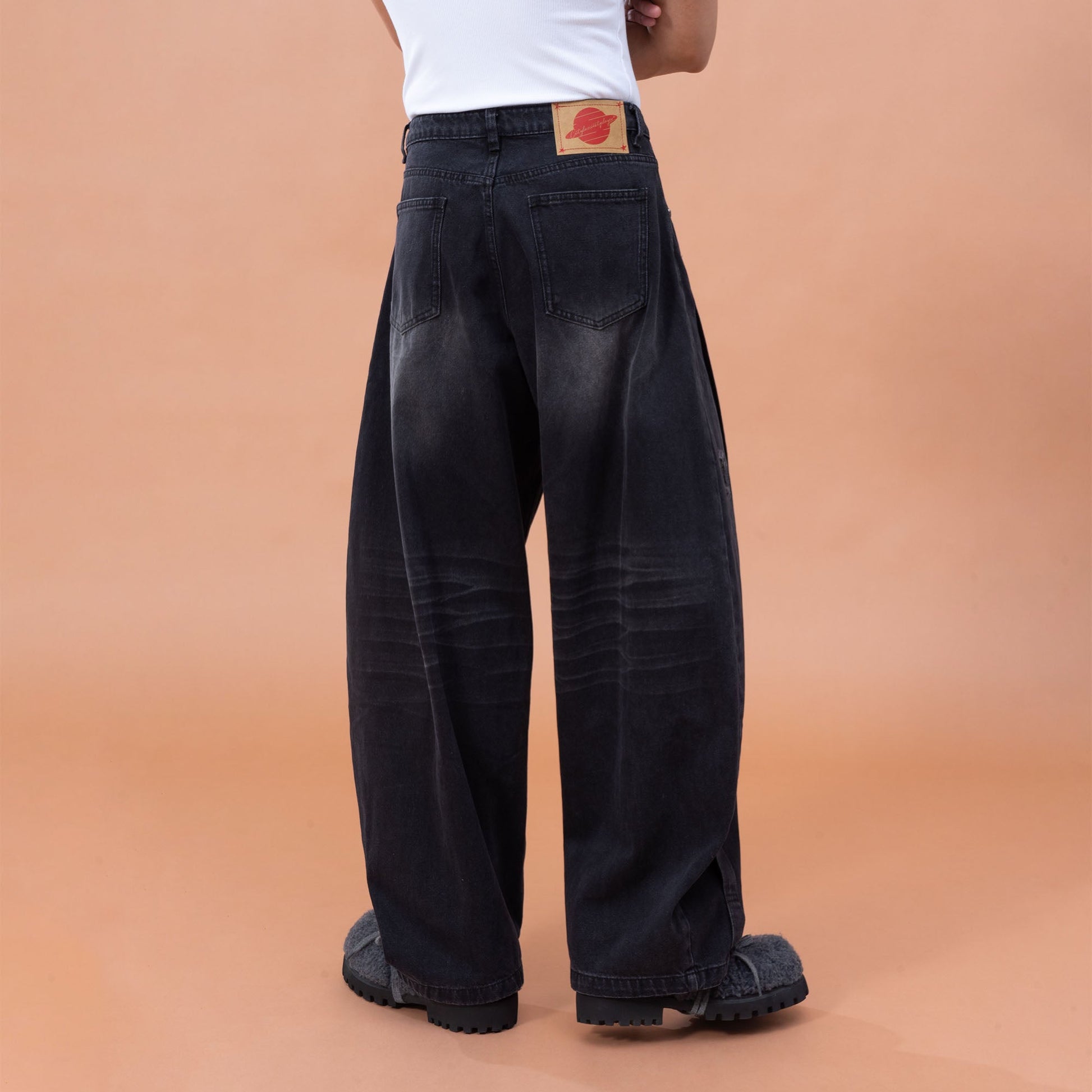 CLP Pleated Knee Wide-Leg Denim Pants-Jeans-M-Black-Free Shipping Leatheretro