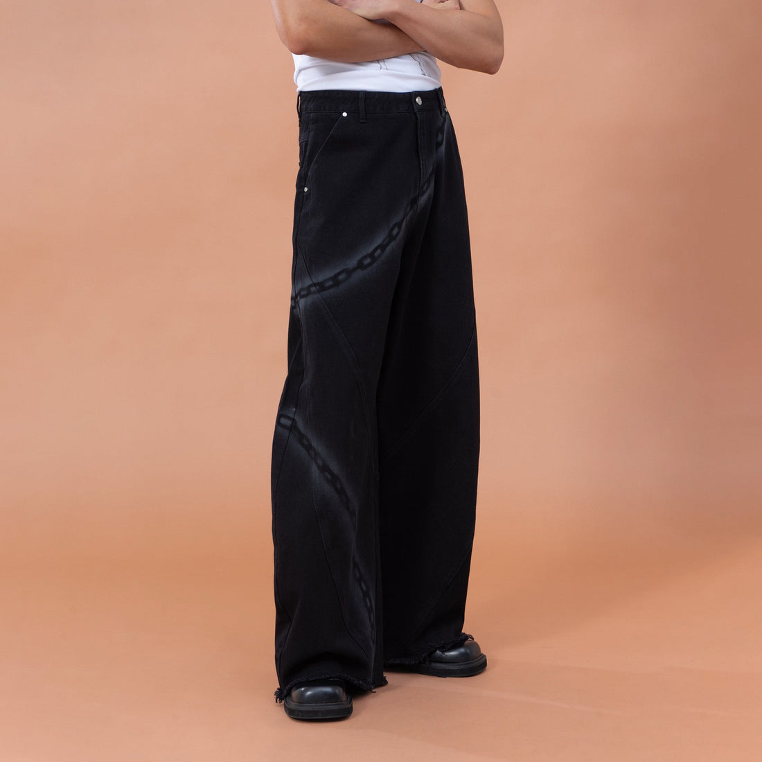 CLP Chain Graphic Frayed Curved-Leg Jeans-Jeans-S-Free Shipping Leatheretro