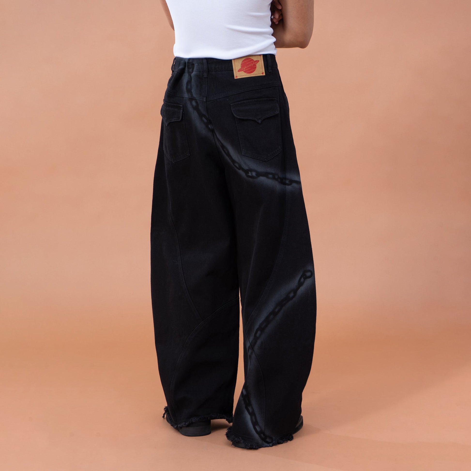 CLP Chain Graphic Frayed Curved-Leg Jeans-Jeans-S-Free Shipping Leatheretro