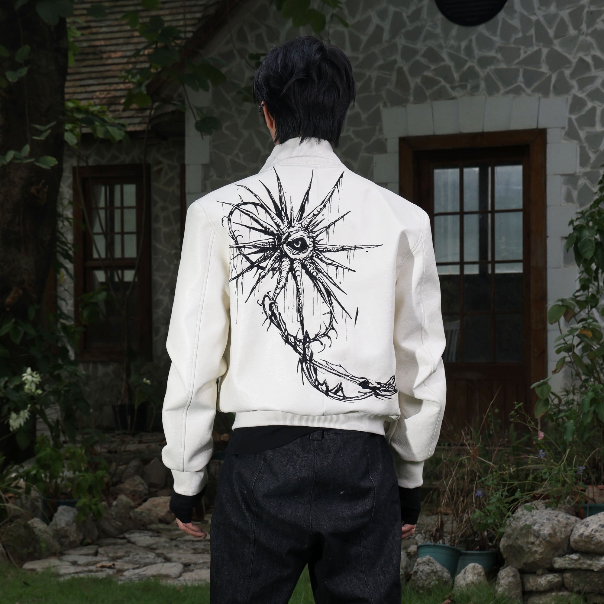 FLYERRER Thorned Eye Graphic Faux Leather Jacket-Jacket-S (Preorder)-Free Shipping Leatheretro