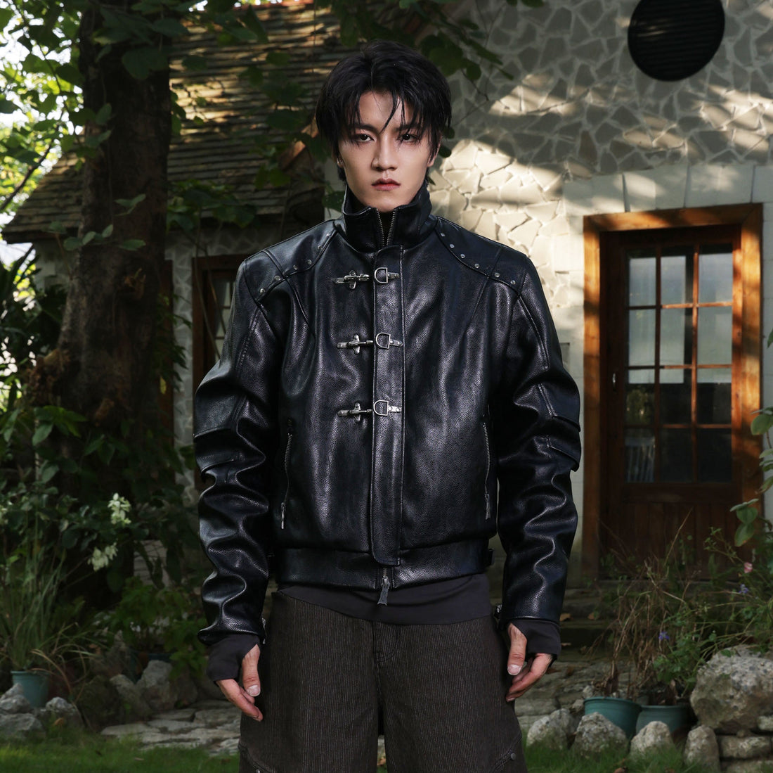 FLYERRER Hook-Buckle Faux Leather Rivet Jacket-Jacket-S (Preorder)-Free Shipping Leatheretro