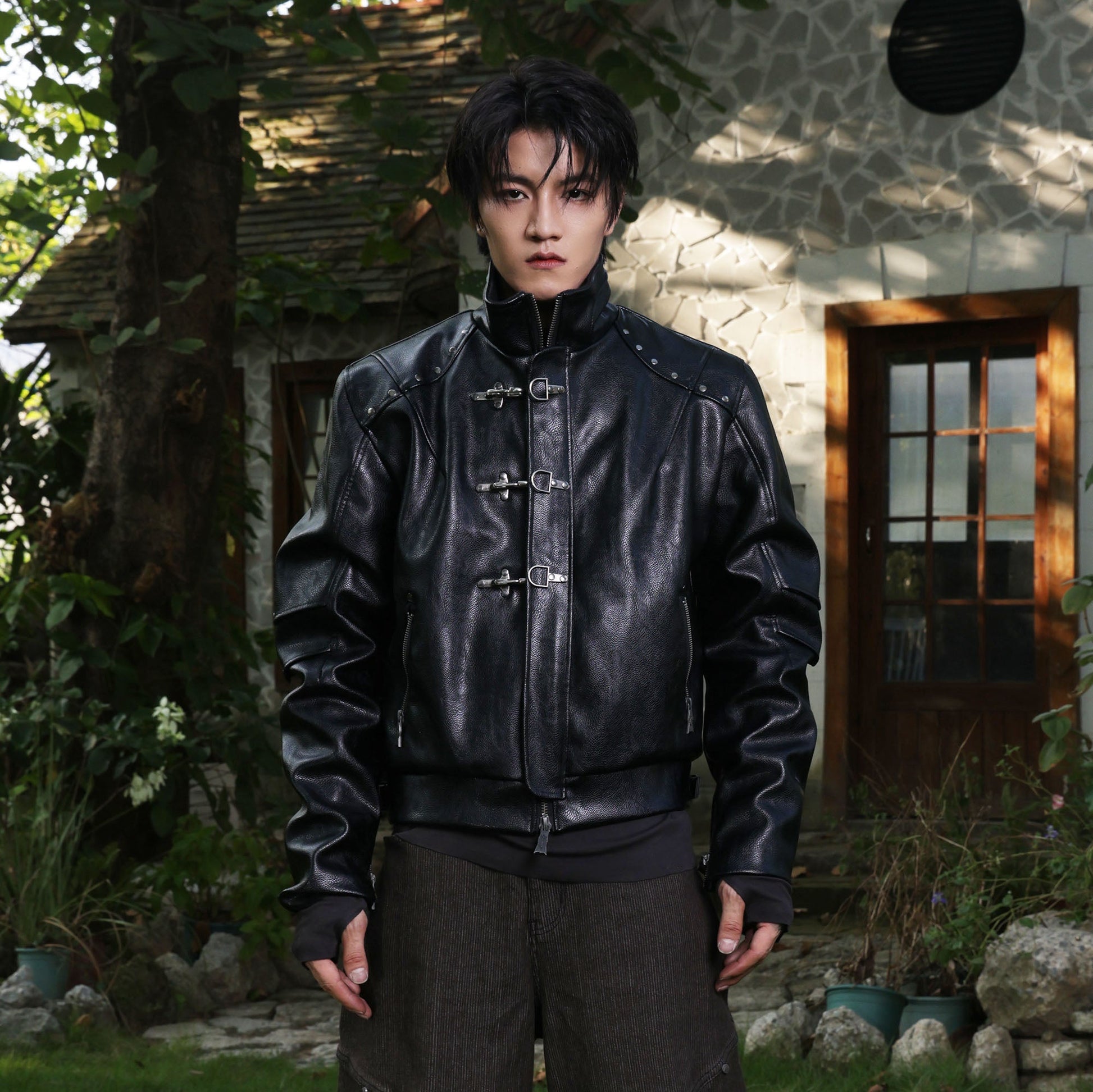FLYERRER Hook-Buckle Faux Leather Rivet Jacket-Jacket-S (Preorder)-Free Shipping Leatheretro