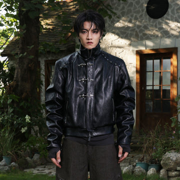 FLYERRER Hook-Buckle Faux Leather Rivet Jacket-Jacket-S (Preorder)-Free Shipping Leatheretro