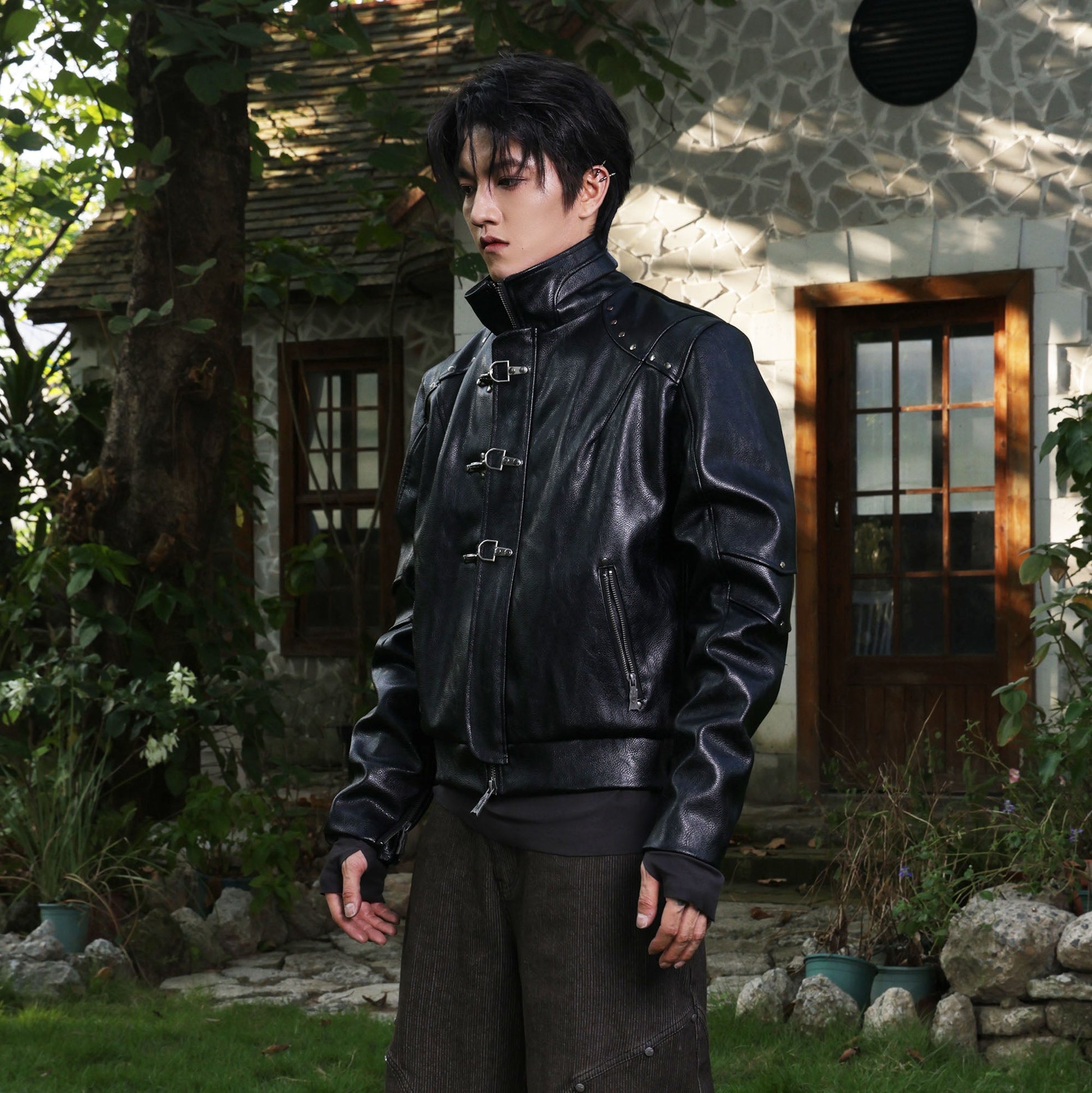 FLYERRER Hook-Buckle Faux Leather Rivet Jacket-Jacket-S (Preorder)-Free Shipping Leatheretro