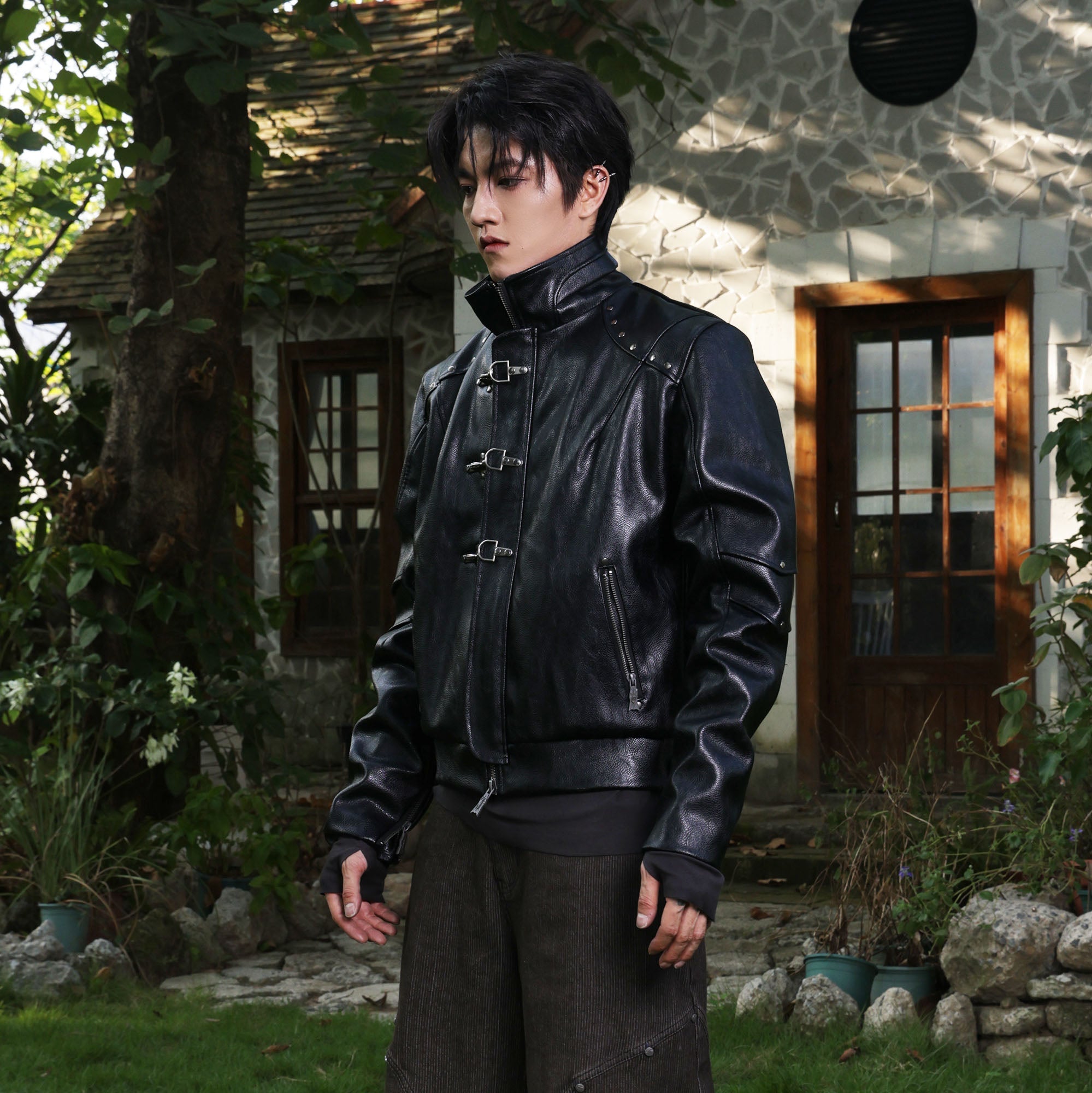 FLYERRER Hook-Buckle Faux Leather Rivet Jacket-Jacket-S (Preorder)-Free Shipping Leatheretro