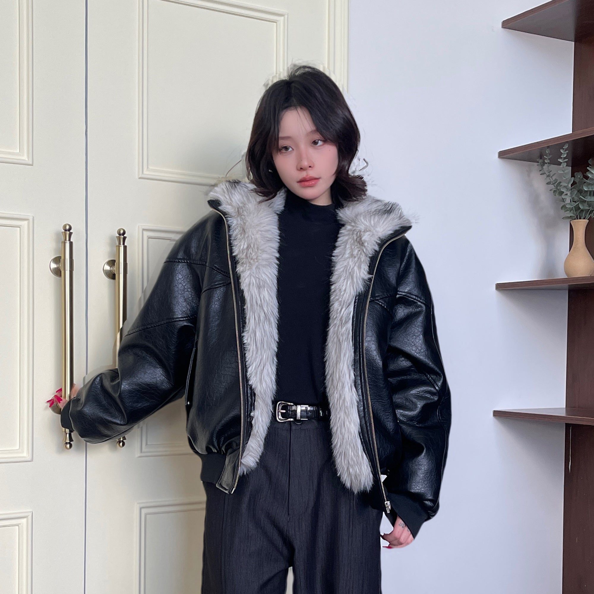 OKAYTHXBYE Faux Leather Fur-Lined Bomber-Jacket-S-Free Shipping Leatheretro