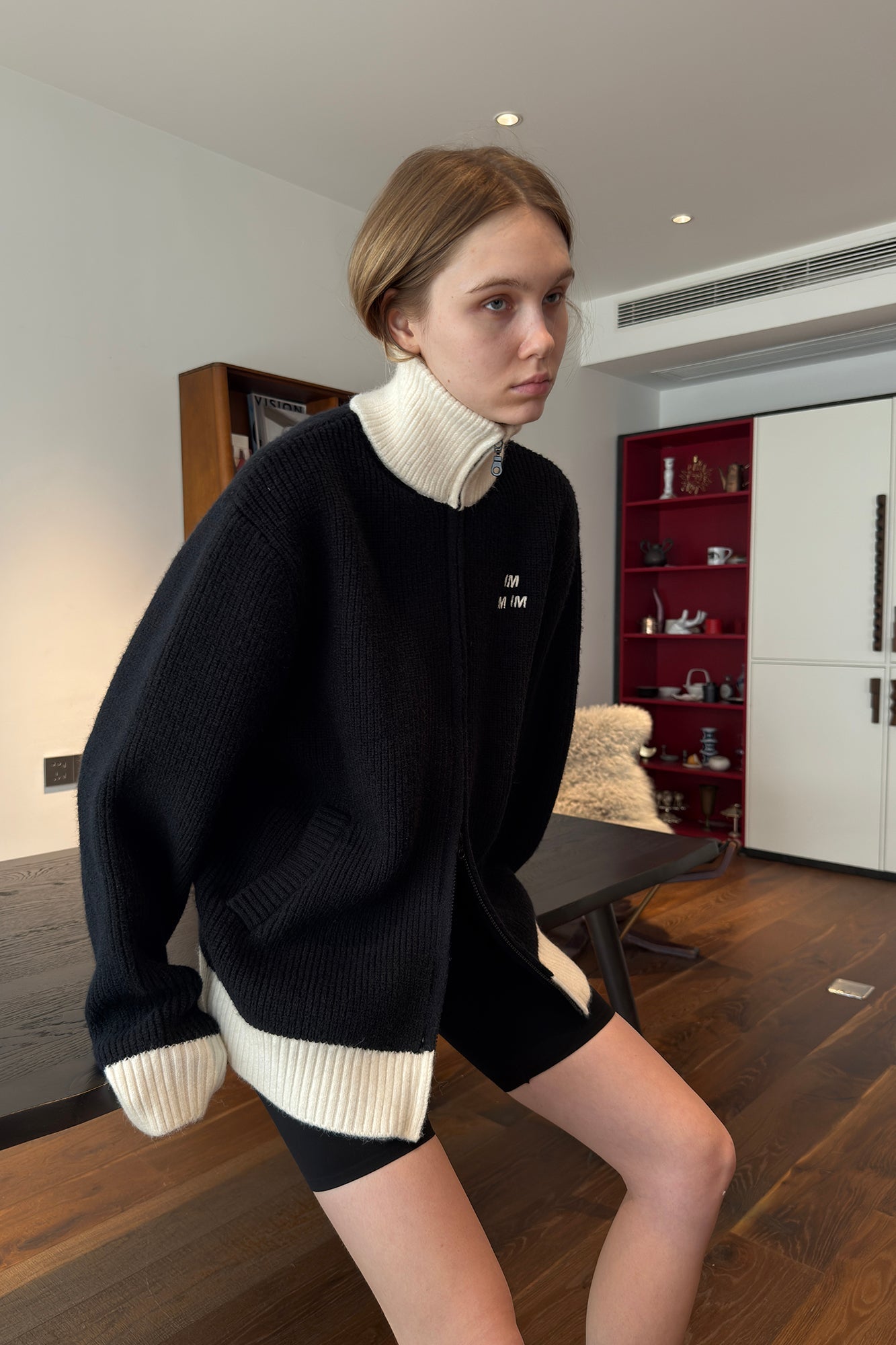 MIICHOUS Contrast Embroidered Turtle Neck Cardigan-Jacket-S-White-Free Shipping Leatheretro