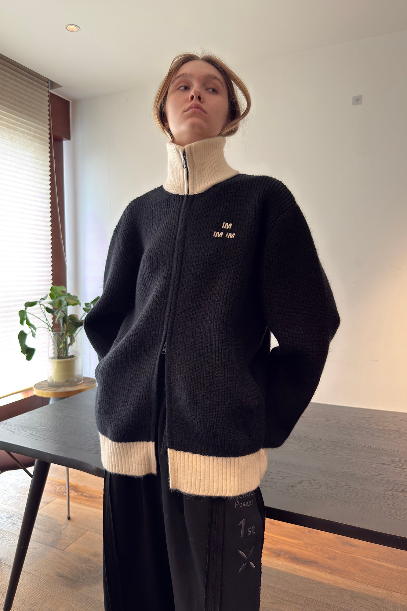 MIICHOUS Contrast Embroidered Turtle Neck Cardigan-Jacket-S-White-Free Shipping Leatheretro