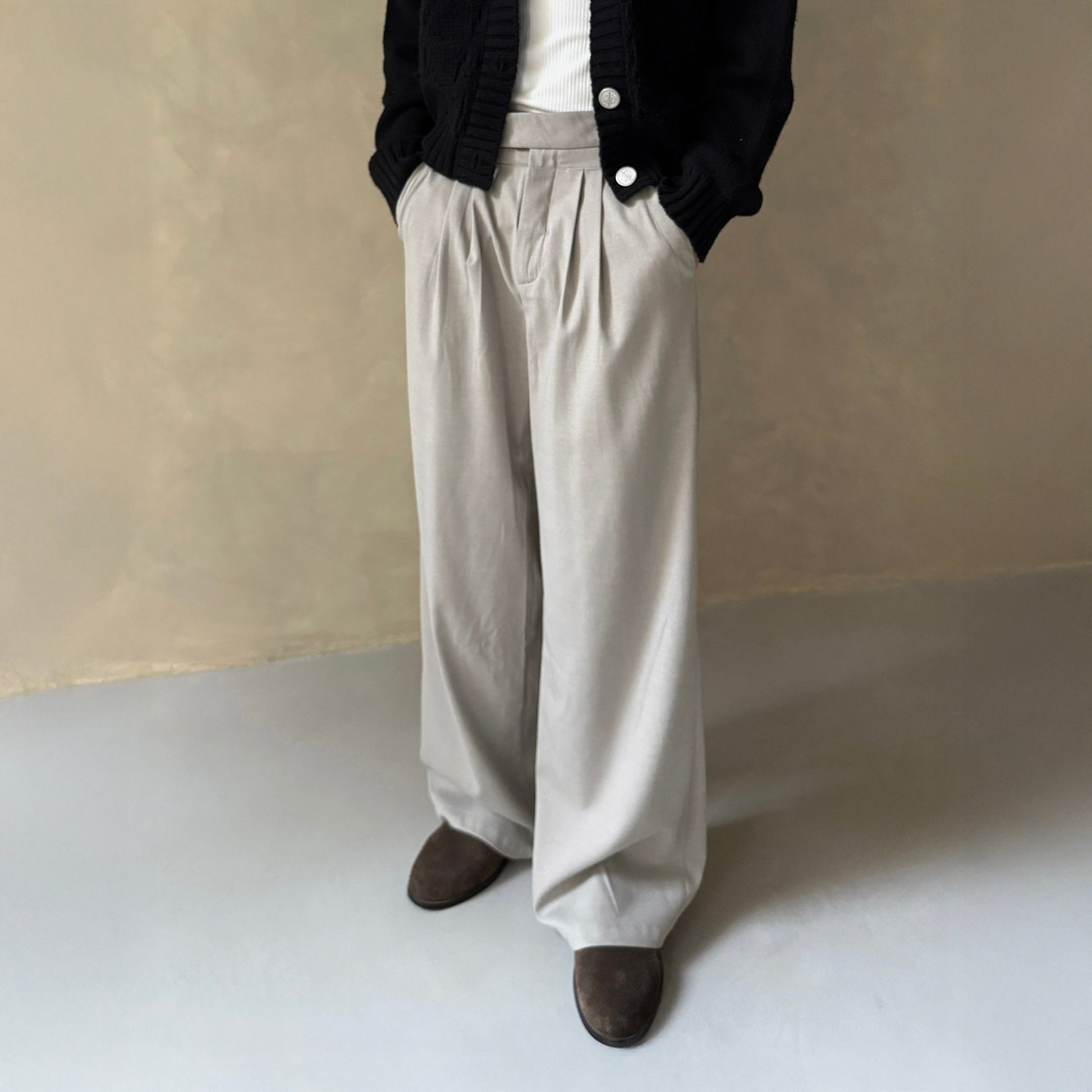 IN EXISTENCE Pleated Belted Wide-Leg Trousers-Pants-S-Light Gray-Free Shipping Leatheretro