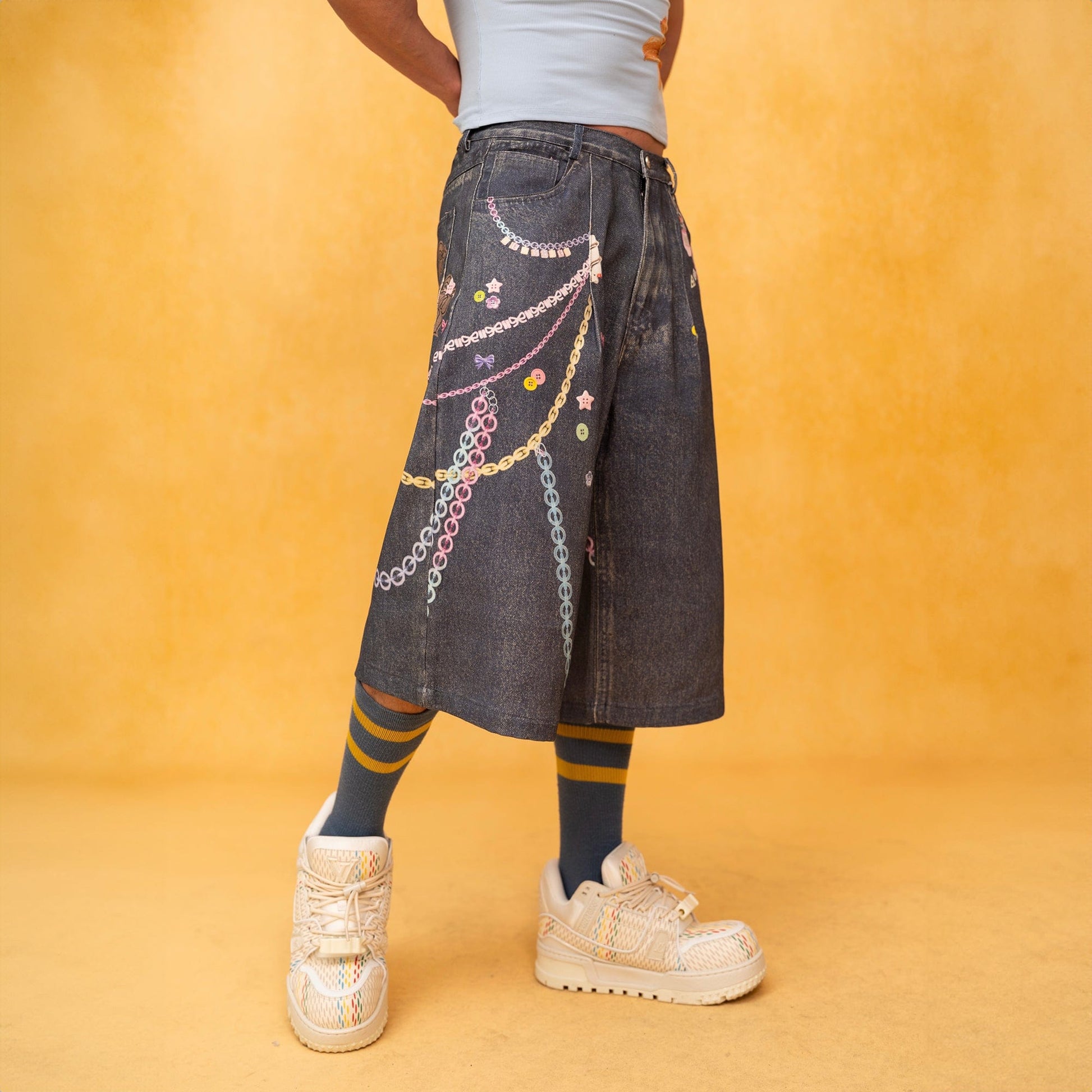 CLP Beaded Chain Graphics Wide-Leg Denim Shorts-Shorts-S-Free Shipping Leatheretro