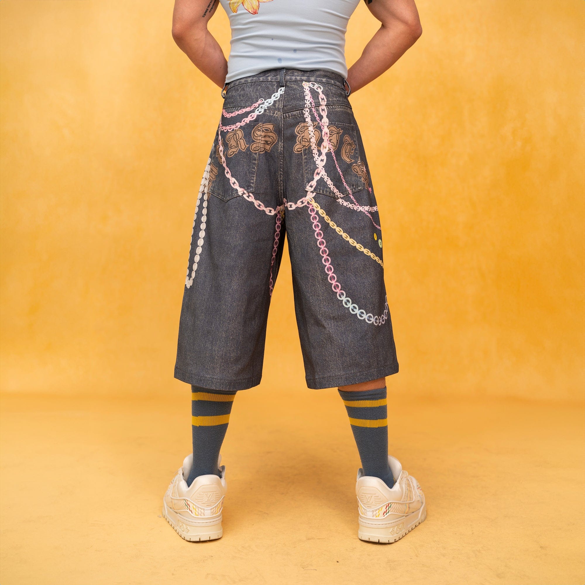 CLP Beaded Chain Graphics Wide-Leg Denim Shorts-Shorts-S-Free Shipping Leatheretro