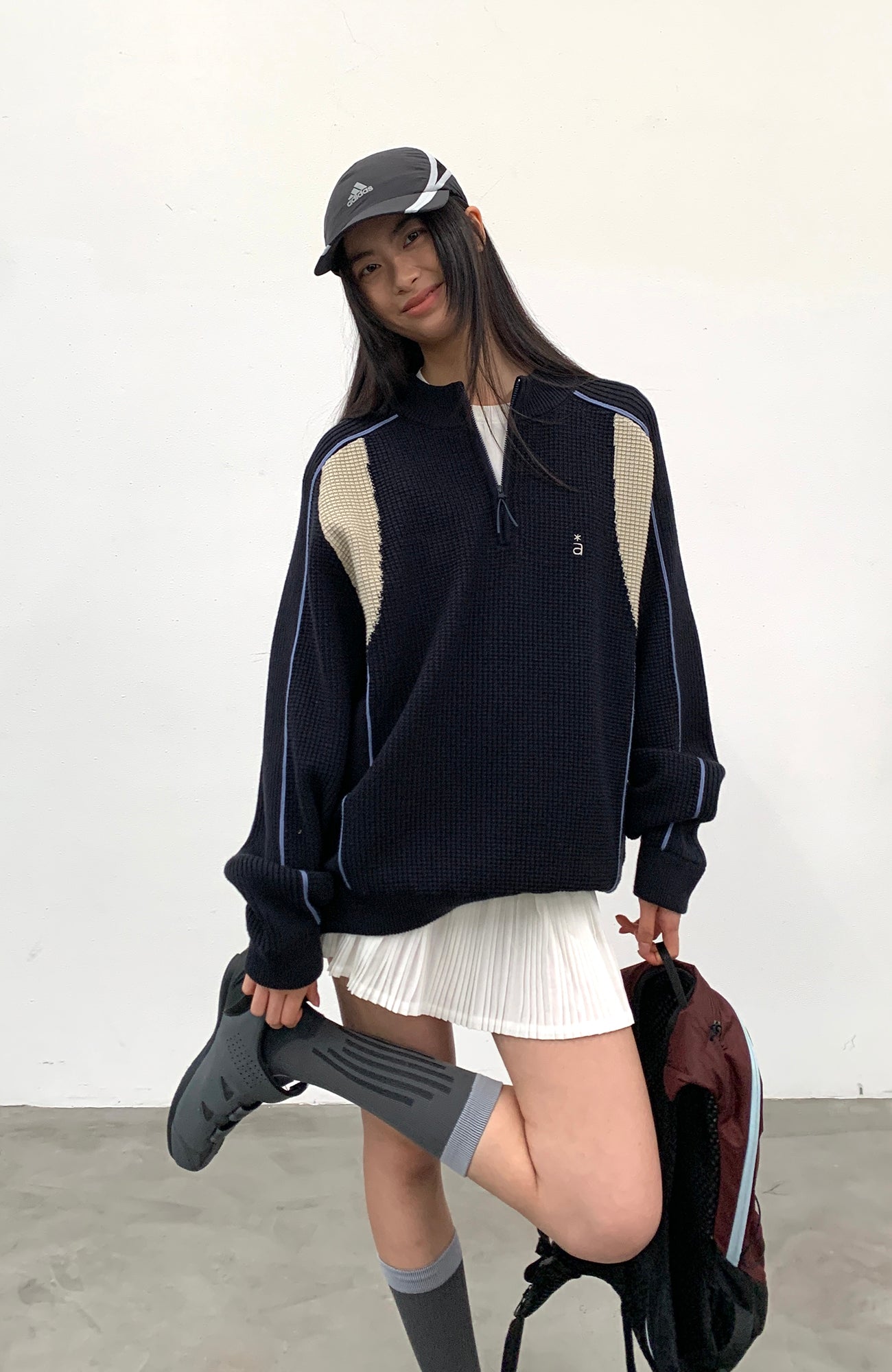 ROARINGWILD A ARCH Contrast Panel Raglan Half-Zip Sweater-Sweater-XS-Navy-Free Shipping Leatheretro
