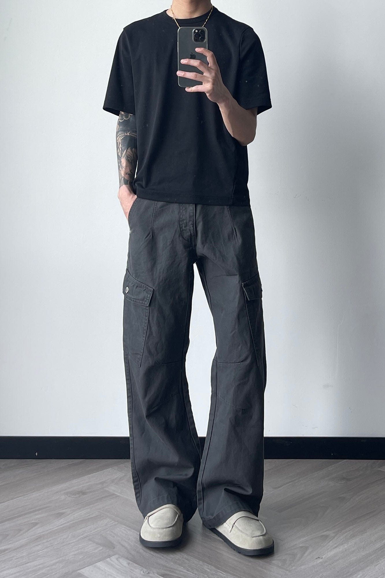 OKAYTHXBYE Washed Button Flap-Pocket Cargo Pants-Pants-Black-S-Free Shipping Leatheretro
