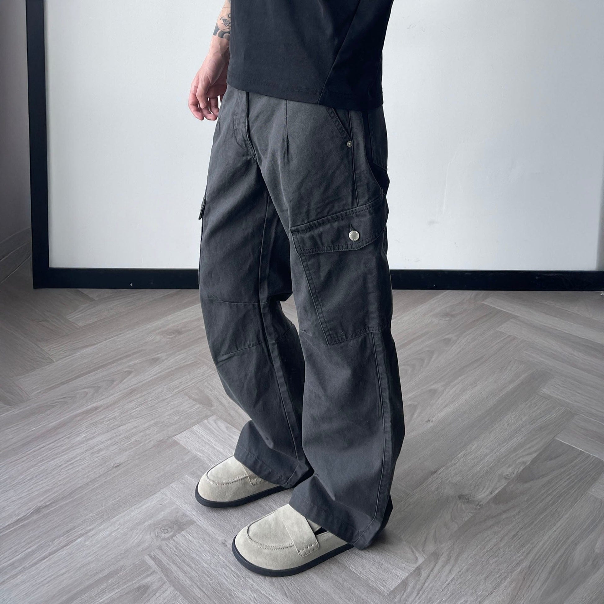 OKAYTHXBYE Washed Button Flap-Pocket Cargo Pants-Pants-Black-S-Free Shipping Leatheretro