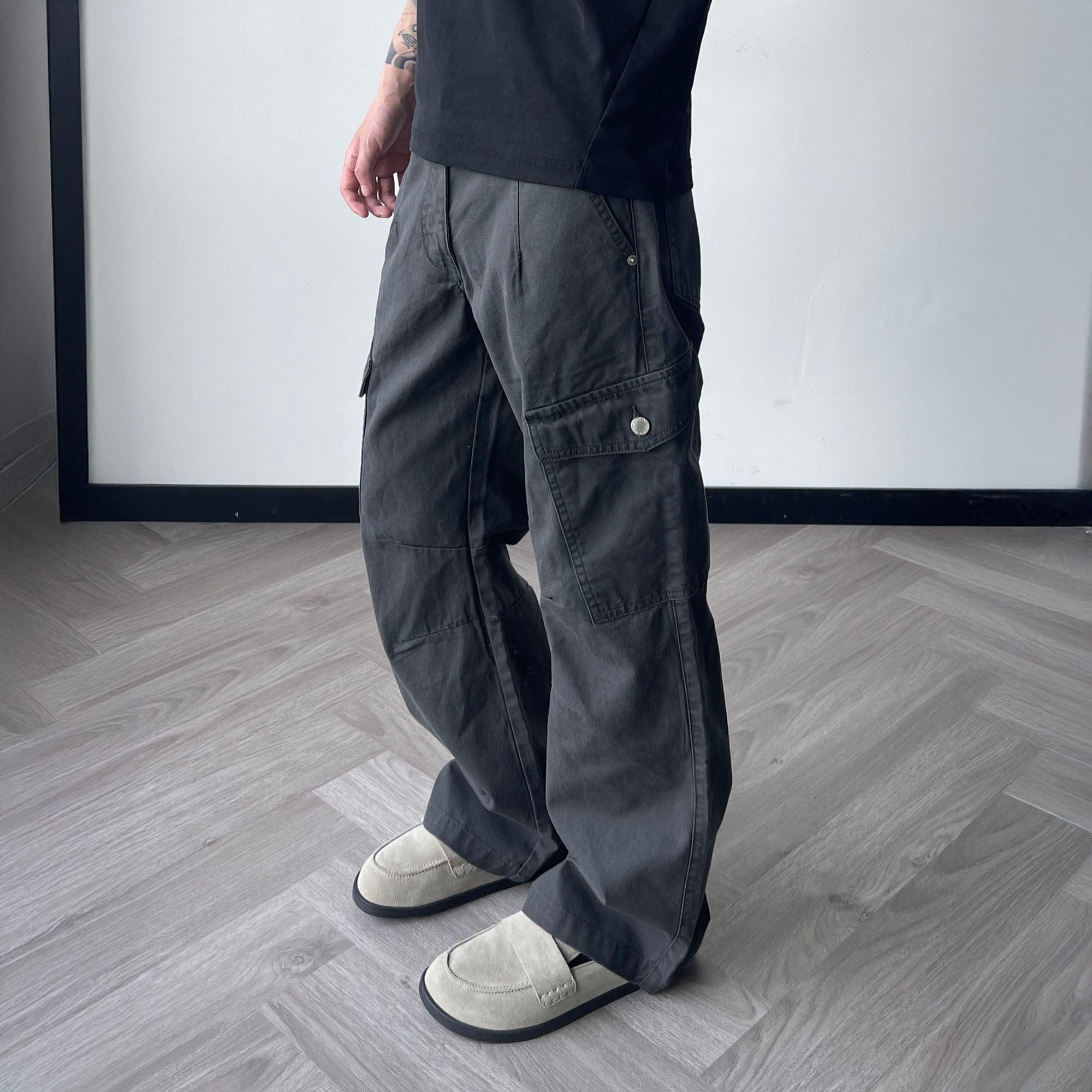 OKAYTHXBYE Washed Button Flap-Pocket Cargo Pants-Pants-Black-S-Free Shipping Leatheretro
