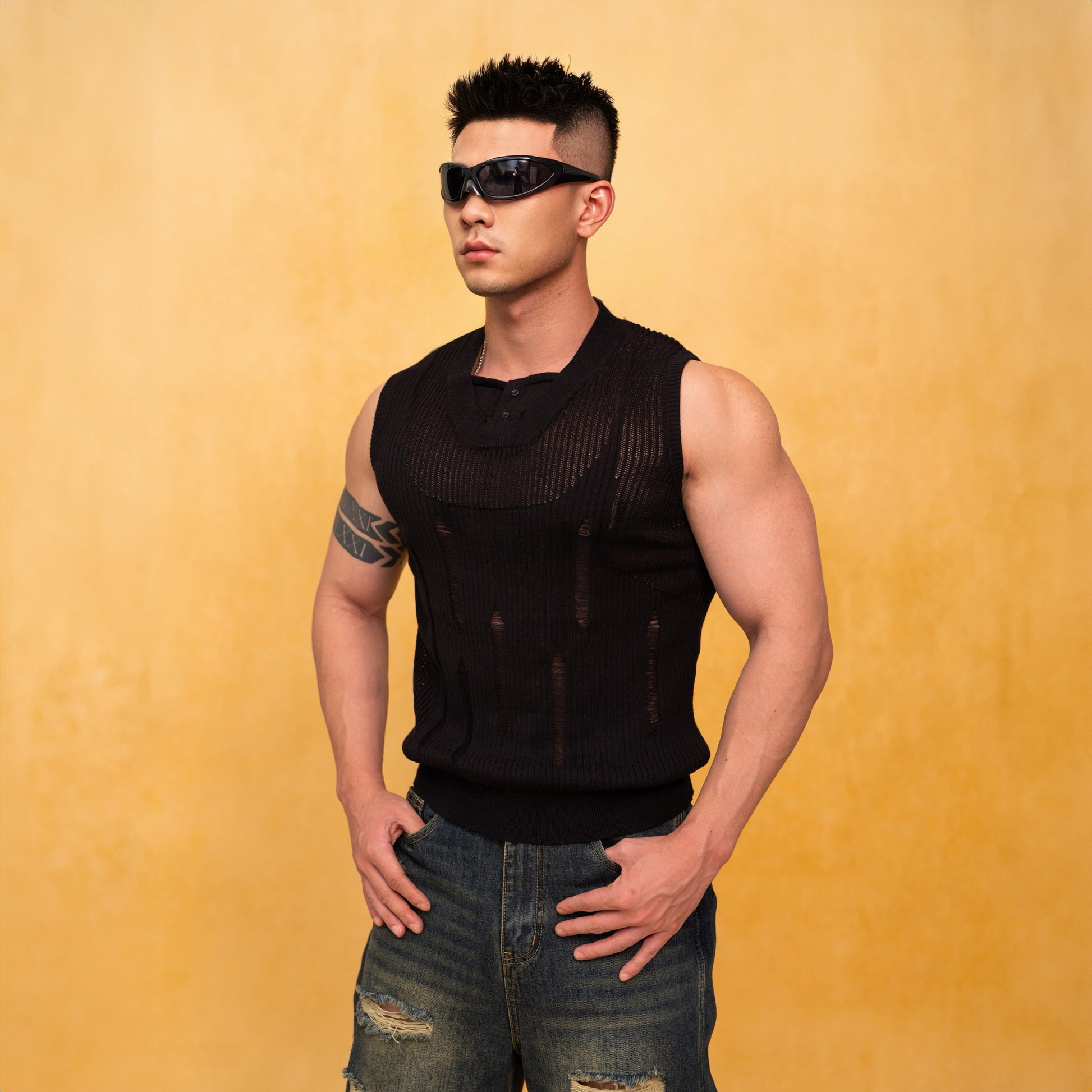 CLP Cut-Out Distressed Knitted Tank Top-Tank Top-M-White-Free Shipping Leatheretro