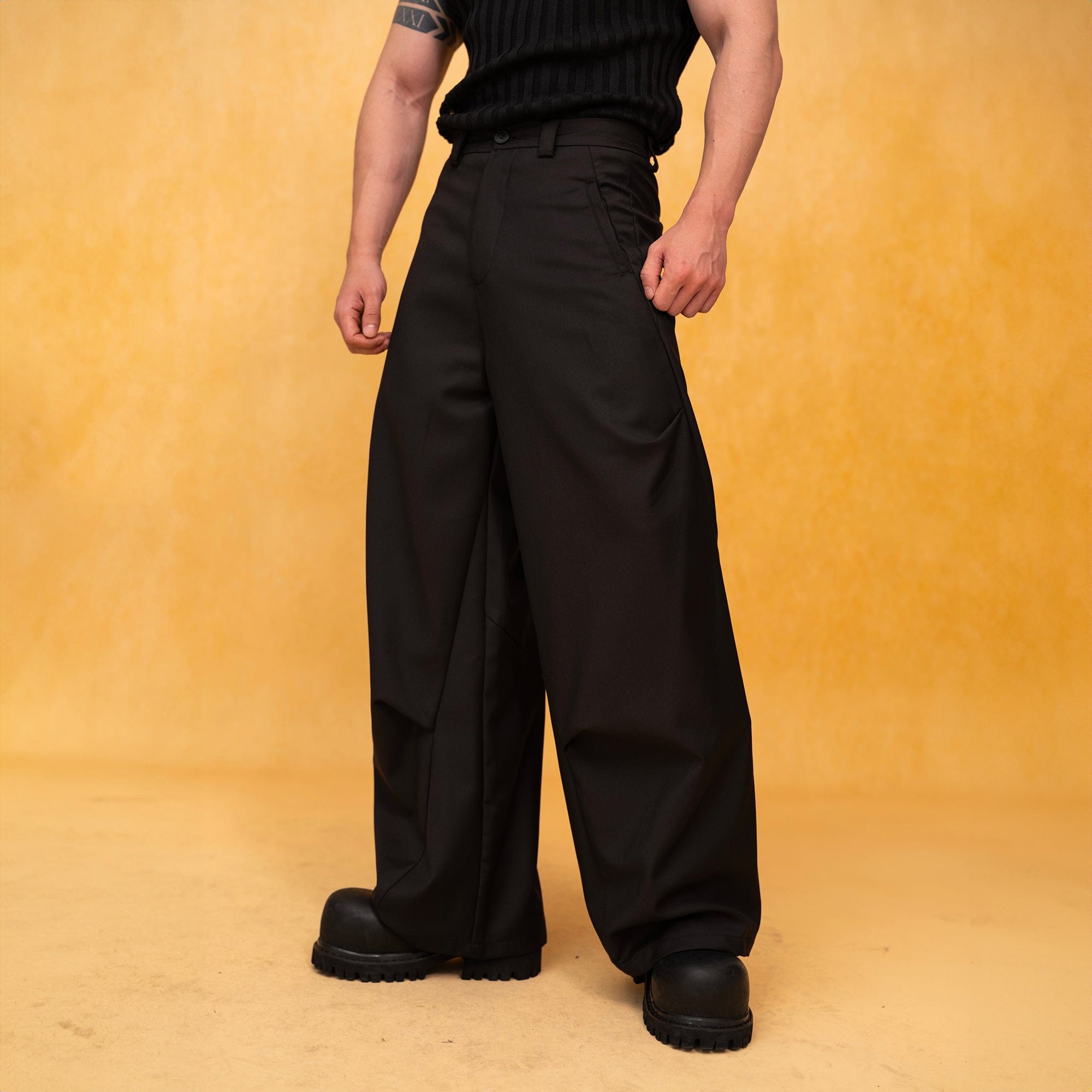 CLP Essential Spliced Crinkled Wide-Leg Trousers-Pants-S-Black-Free Shipping Leatheretro