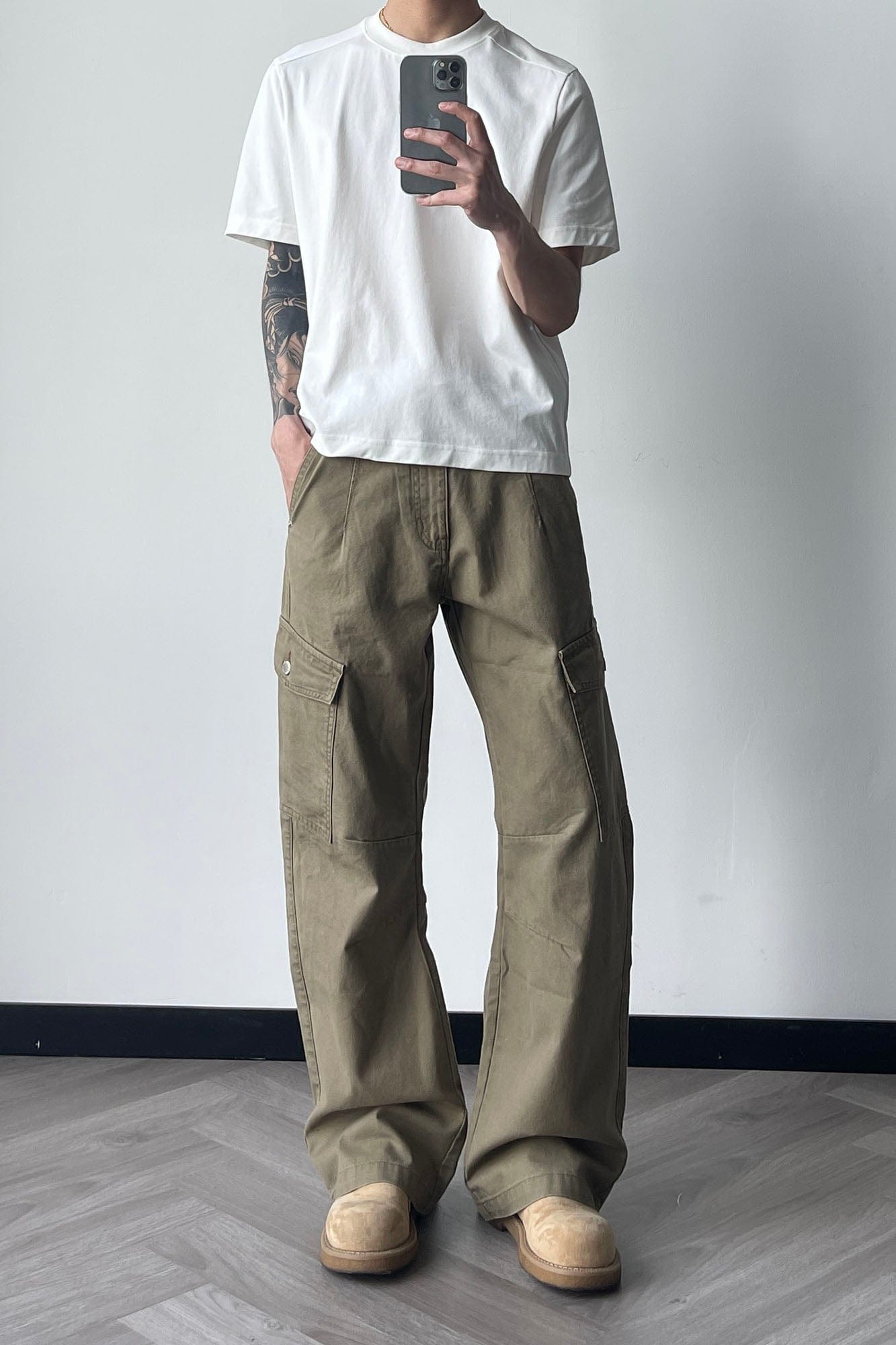 OKAYTHXBYE Washed Button Flap-Pocket Cargo Pants-Pants-Black-S-Free Shipping Leatheretro