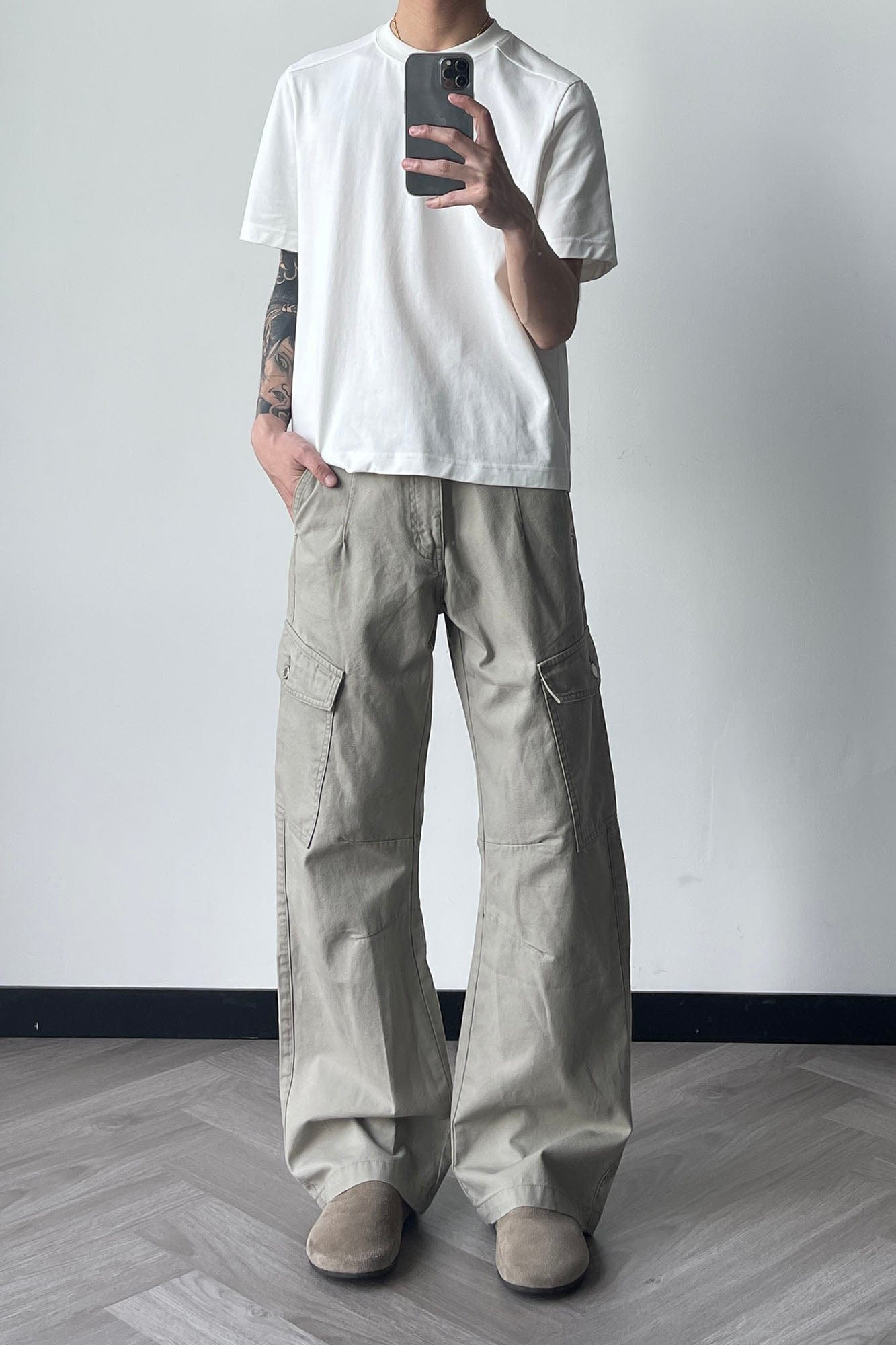 OKAYTHXBYE Washed Button Flap-Pocket Cargo Pants-Pants-Black-S-Free Shipping Leatheretro