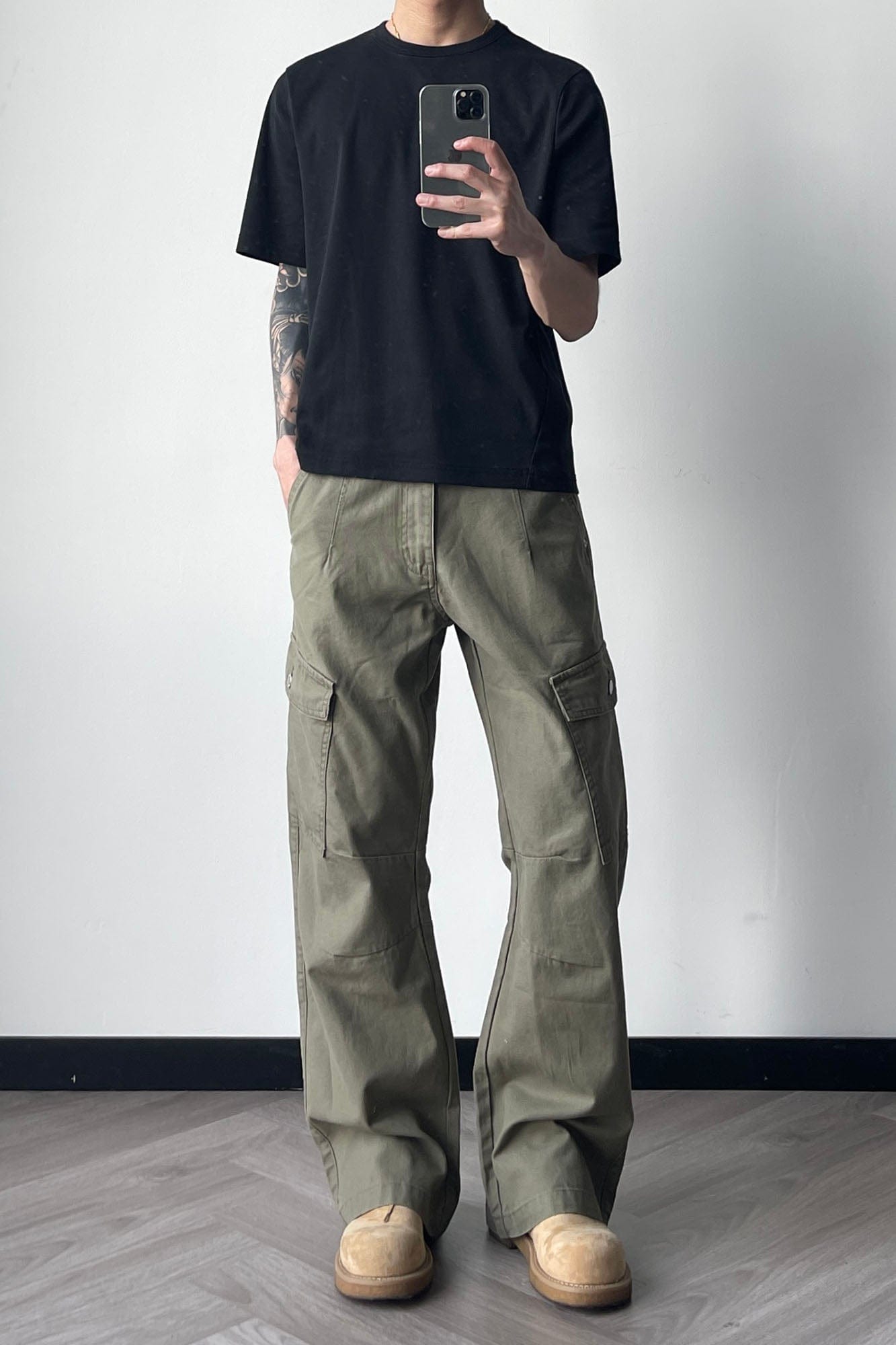 OKAYTHXBYE Washed Button Flap-Pocket Cargo Pants-Pants-Black-S-Free Shipping Leatheretro