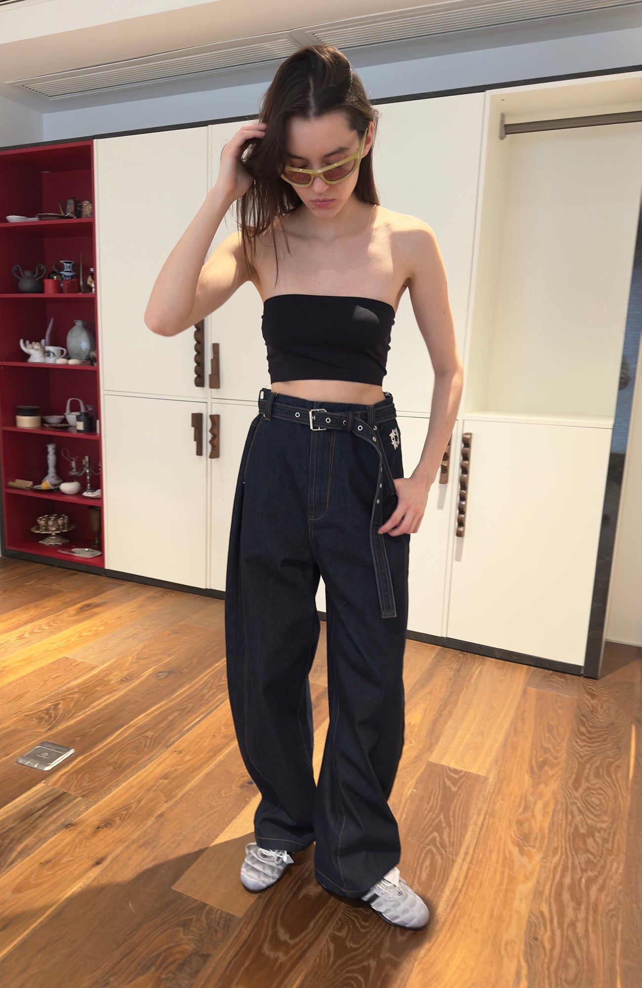 MIICHOUS Belted Curved-Leg Embroidered Raw Denim-Pants-S-Free Shipping Leatheretro