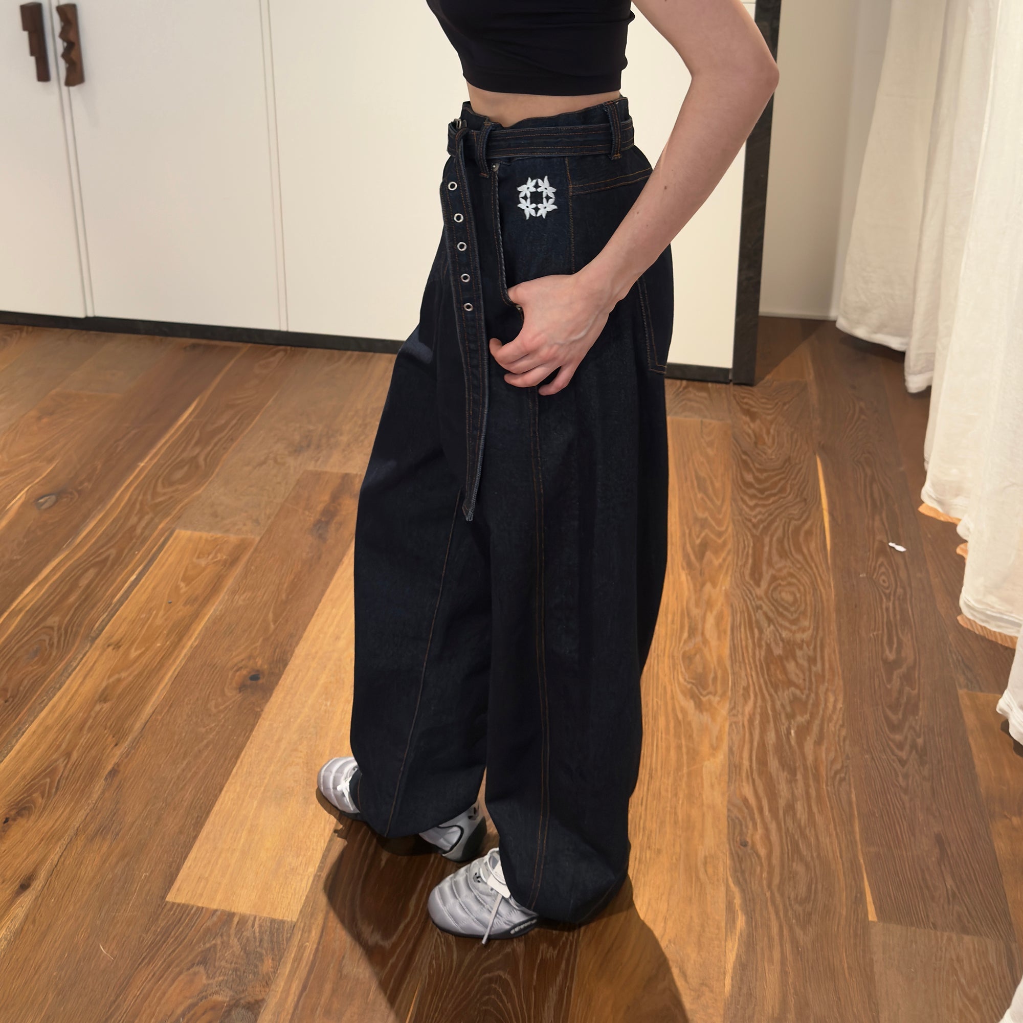 MIICHOUS Belted Curved-Leg Embroidered Raw Denim-Pants-S-Free Shipping Leatheretro