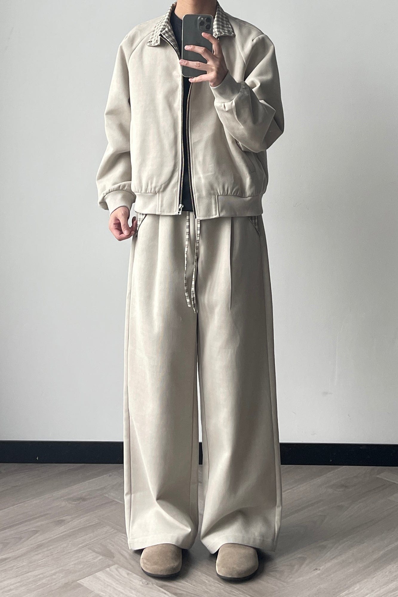 OKAYTHXBYE Checker-Lined Harrington Jacket-Jacket-S-Beige-Free Shipping Leatheretro