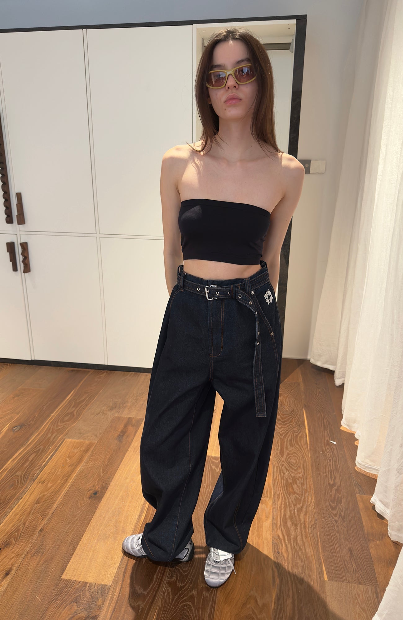 MIICHOUS Belted Curved-Leg Embroidered Raw Denim-Pants-S-Free Shipping Leatheretro