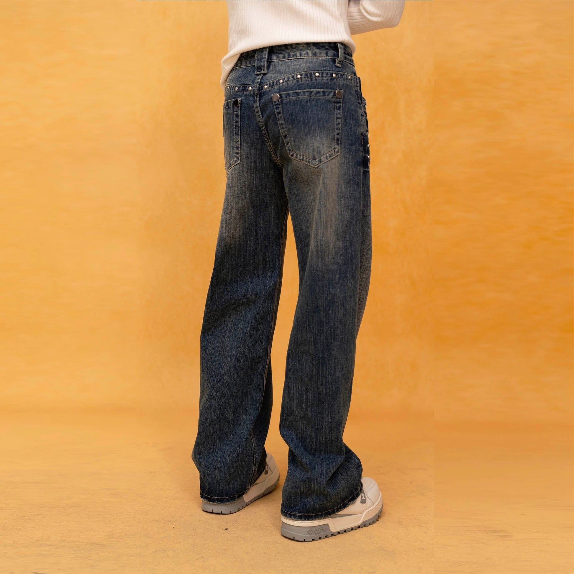 CLP Retro Waist Rivet Straight-Leg Jeans-Jeans-S-Free Shipping Leatheretro