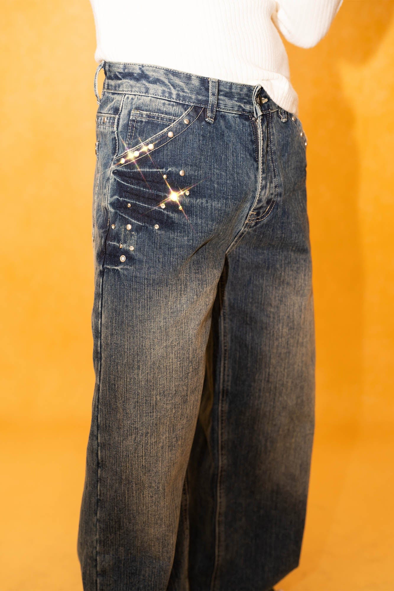 CLP Retro Waist Rivet Straight-Leg Jeans-Jeans-S-Free Shipping Leatheretro