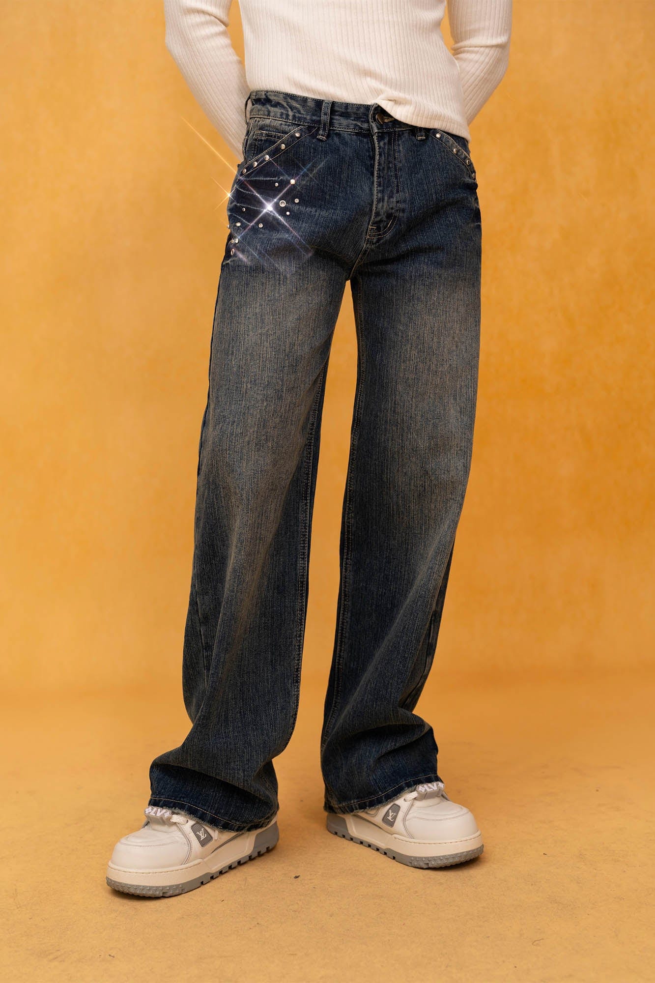 CLP Retro Waist Rivet Straight-Leg Jeans-Jeans-S-Free Shipping Leatheretro